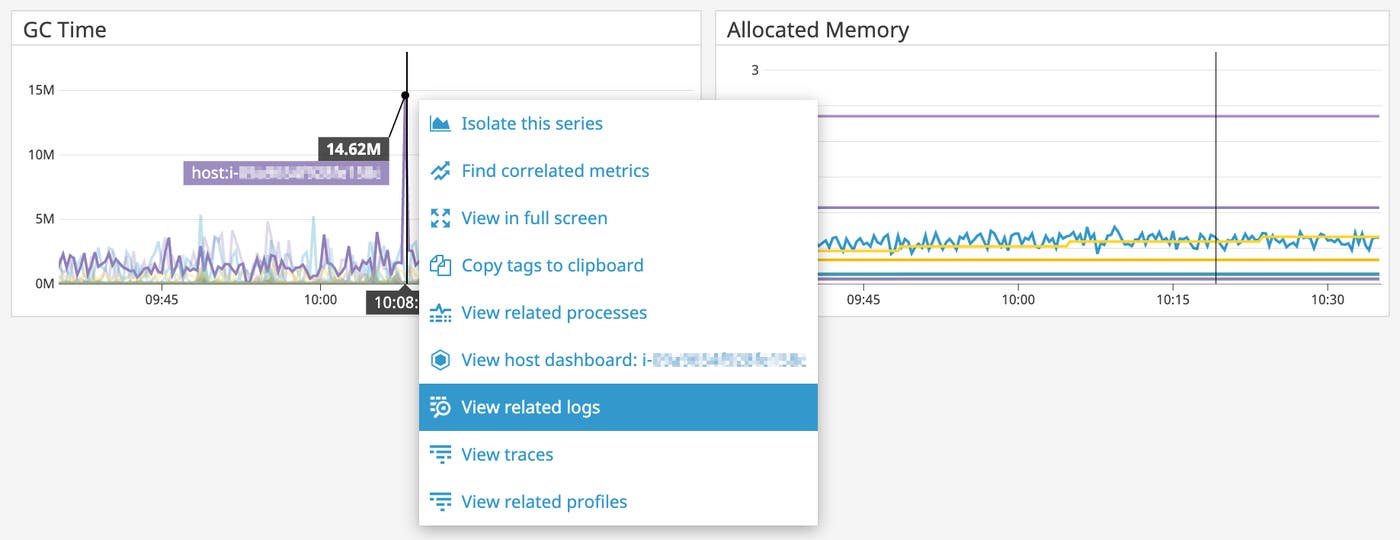 A context menu on a Vault memory graph shows a link to view related logs. A context menu on a Vault memory graph shows a link to view related logs.