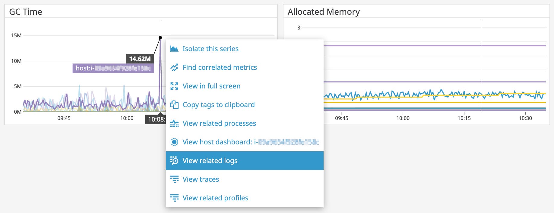 A context menu on a Vault memory graph shows a link to view related logs. A context menu on a Vault memory graph shows a link to view related logs.