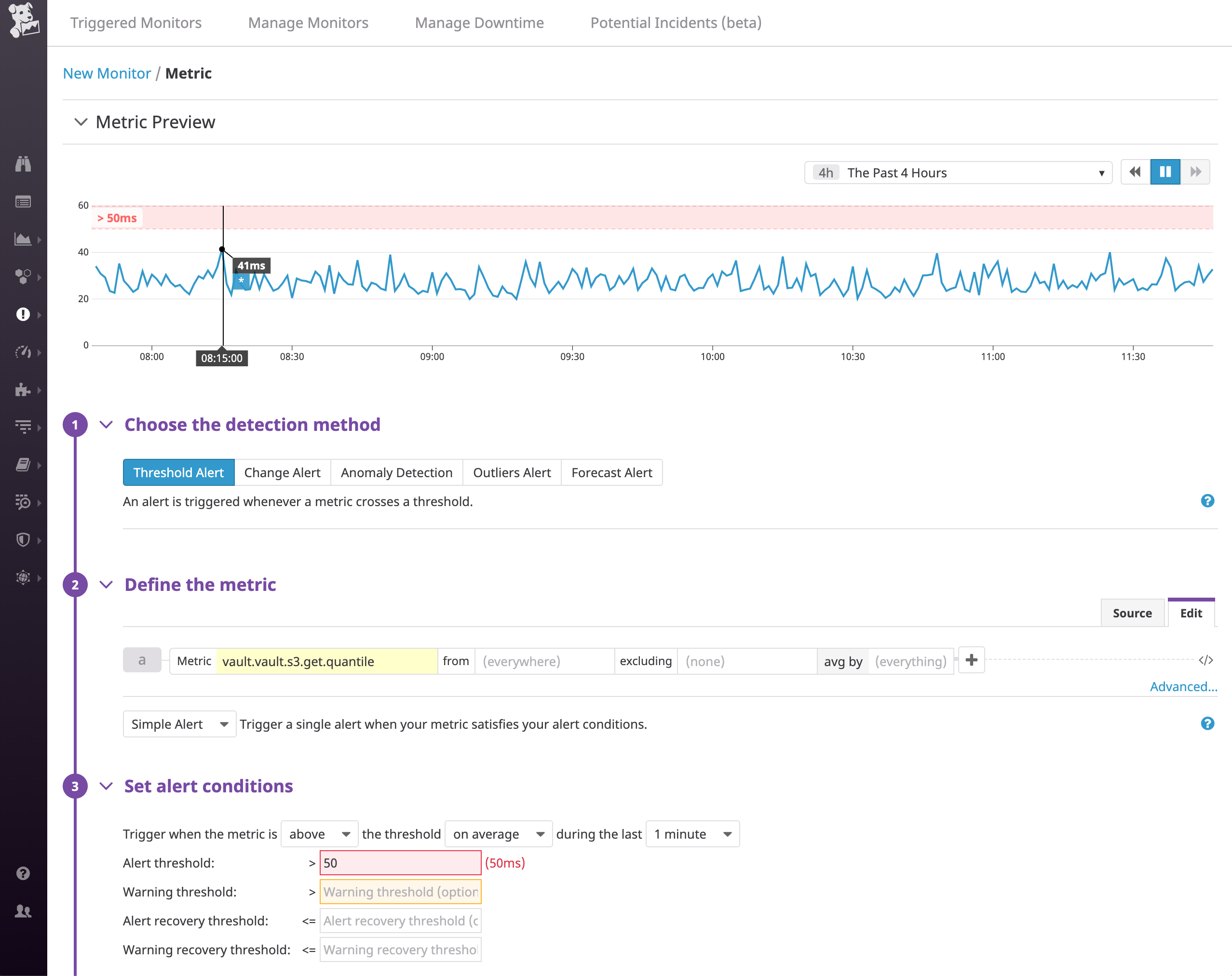 We've created an alert on the metric vault.vault.s3.get.quantile which will trigger if the value rises above fifty milliseconds.