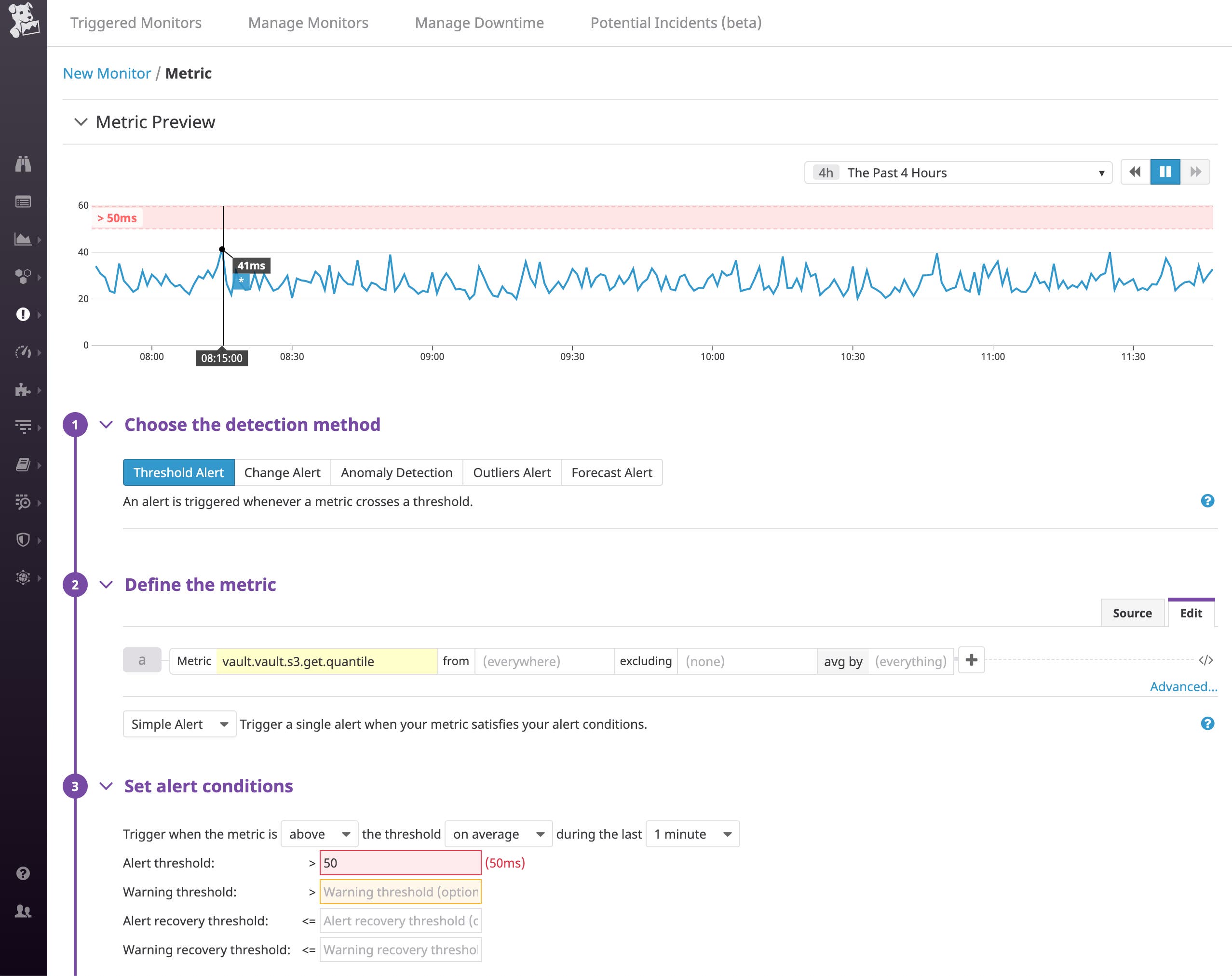 We've created an alert on the metric vault.vault.s3.get.quantile which will trigger if the value rises above fifty milliseconds. We've created an alert on the metric vault.vault.s3.get.quantile which will trigger if the value rises above fifty milliseconds.