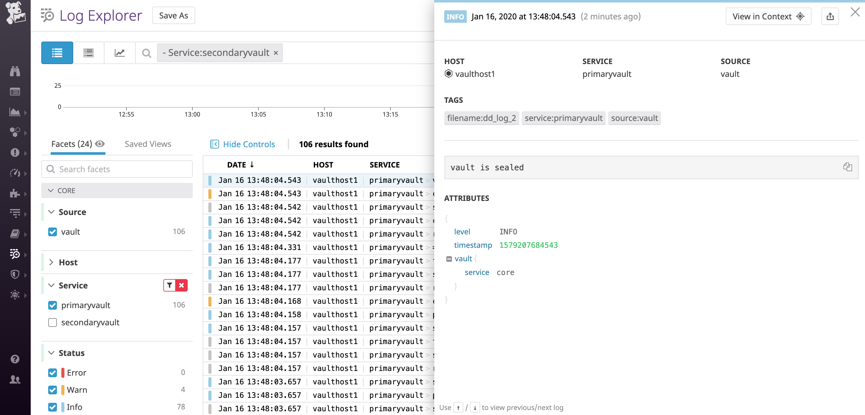 The Log Explorer shows details from a Vault log stating that the Vault is sealed.