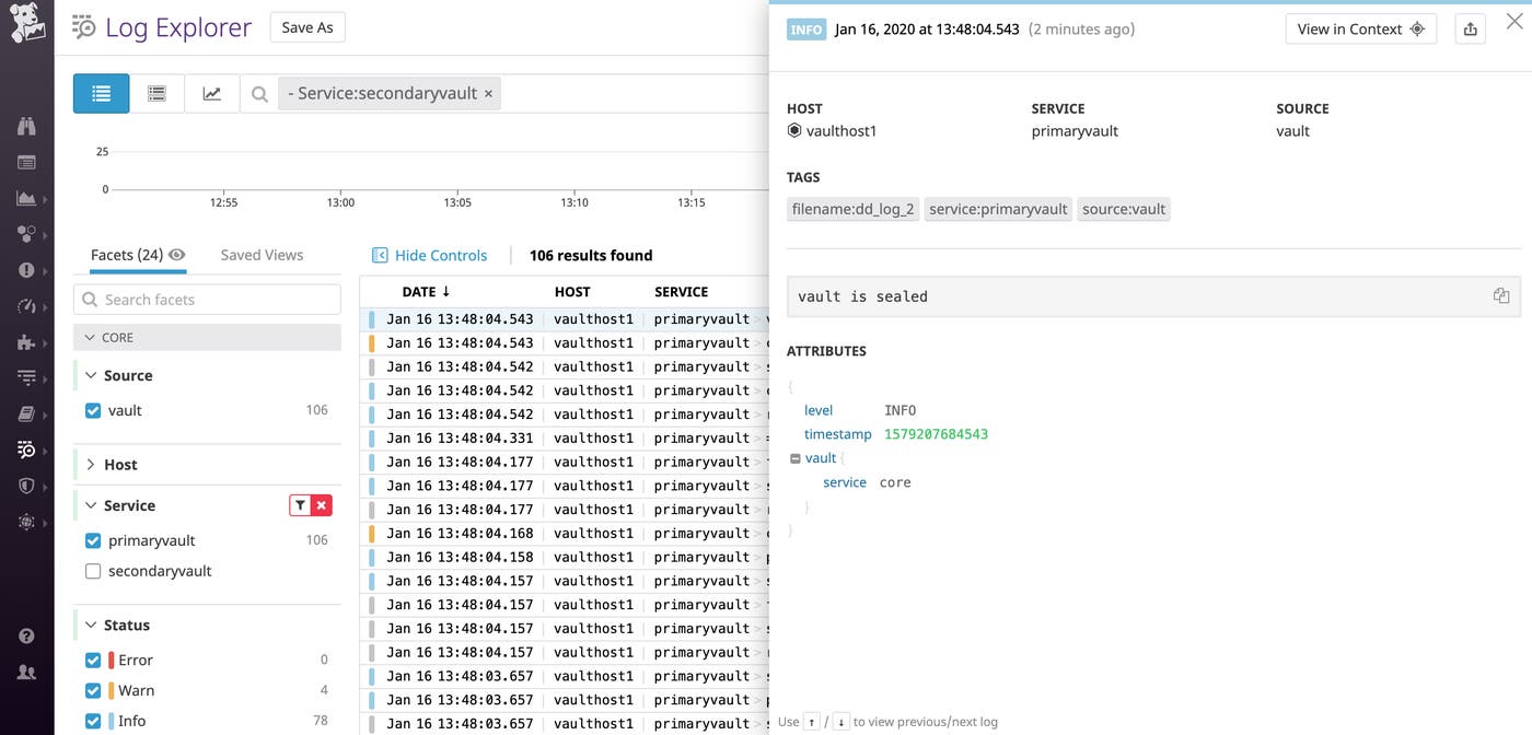 The Log Explorer shows details from a Vault log stating that the Vault is sealed. The Log Explorer shows details from a Vault log stating that the Vault is sealed.