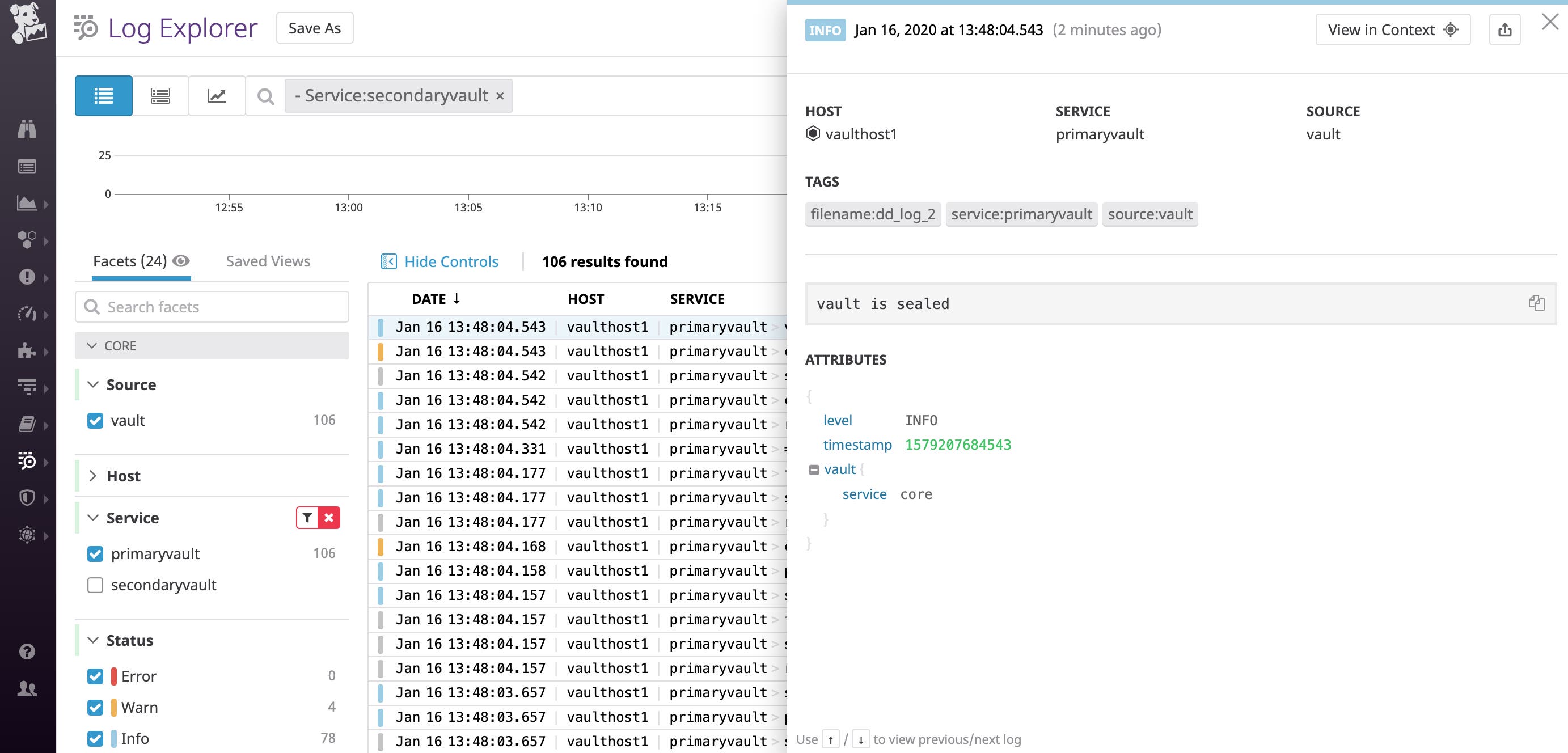 The Log Explorer shows details from a Vault log stating that the Vault is sealed. The Log Explorer shows details from a Vault log stating that the Vault is sealed.
