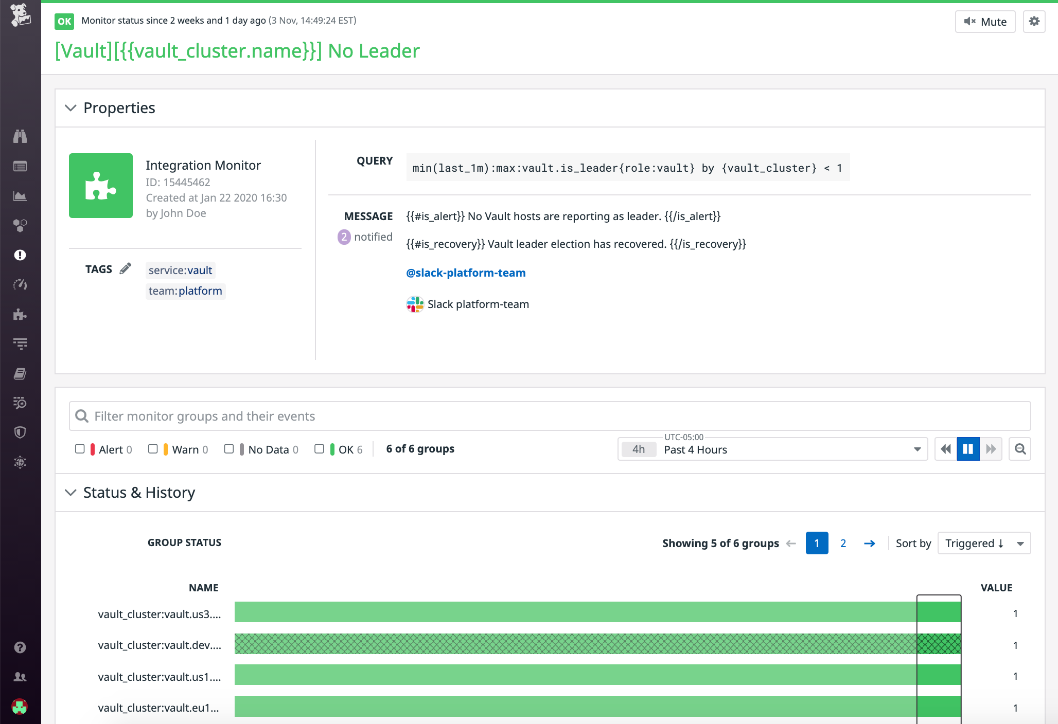 An alert that triggers when no Vault servers are reporting as the leader