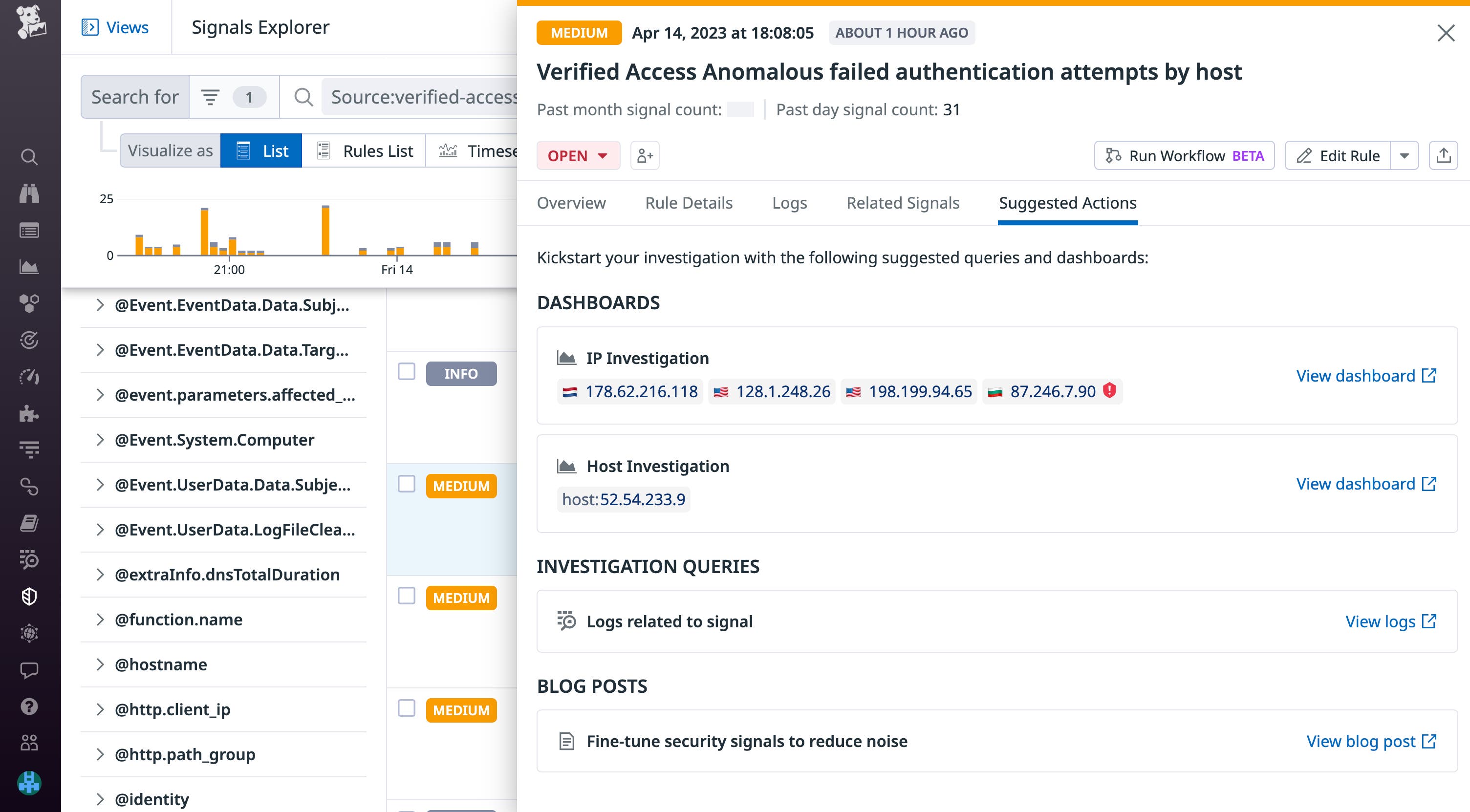 Choose to investigate security signals in the Signals Explorer. Choose to investigate security signals in the Signals Explorer.