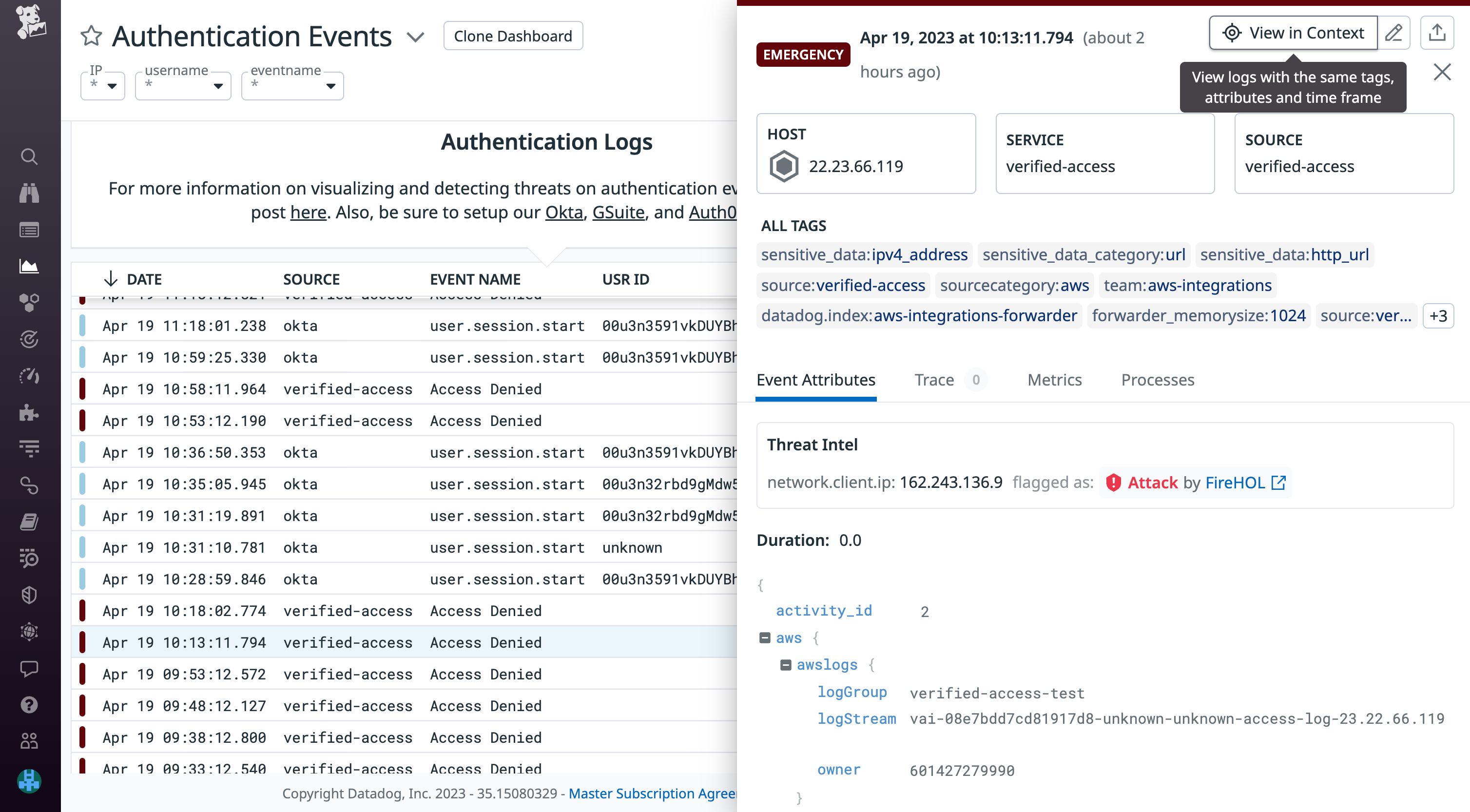 View authentication events in context with other logs generated from the same host, around the same time.