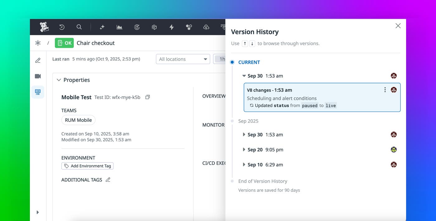 Track, debug, and roll back changes with Version History for Synthetic Monitoring tests Track, debug, and roll back changes with Version History for Synthetic Monitoring tests