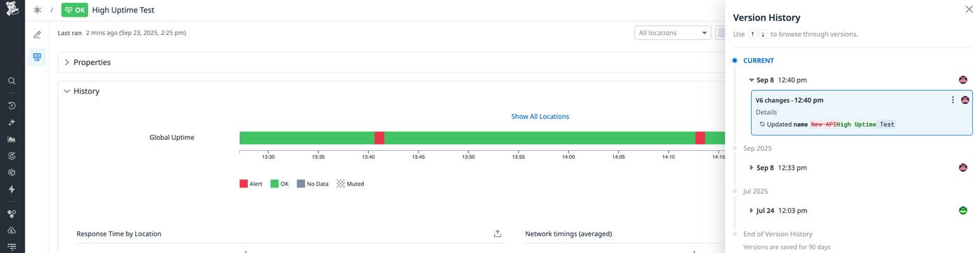 Screenshot showing the version history of a high uptime test. Screenshot showing the version history of a high uptime test.