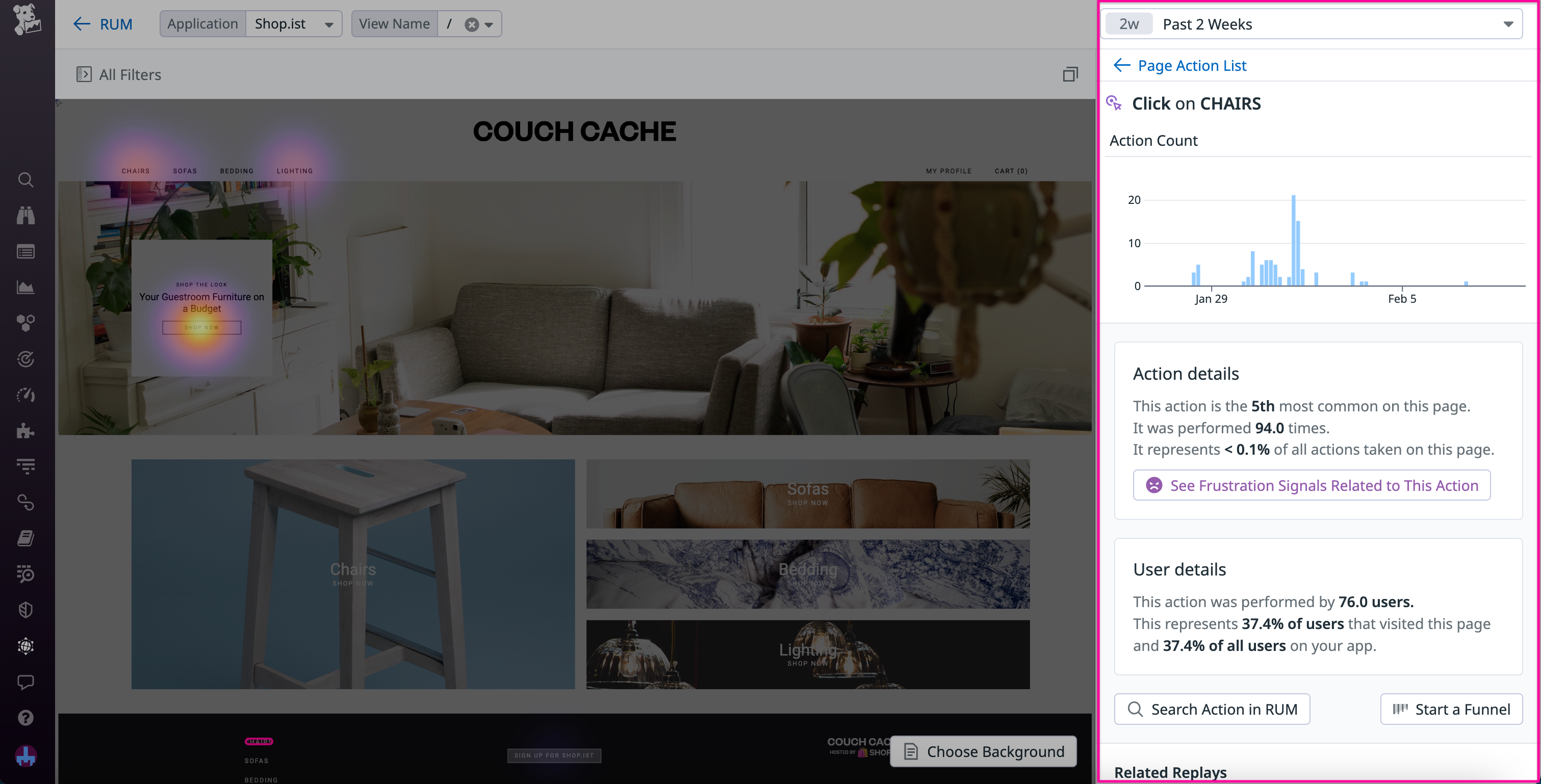 The Insights panel for an action, including statistics on action popularity and user interactions over time.