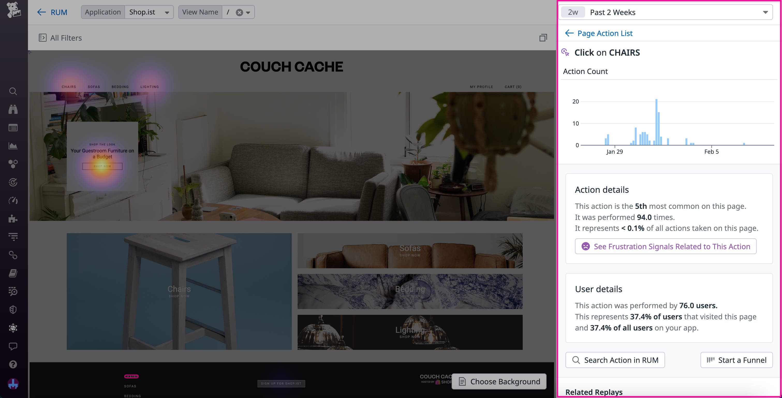 The Insights panel for an action, including statistics on action popularity and user interactions over time. The Insights panel for an action, including statistics on action popularity and user interactions over time.