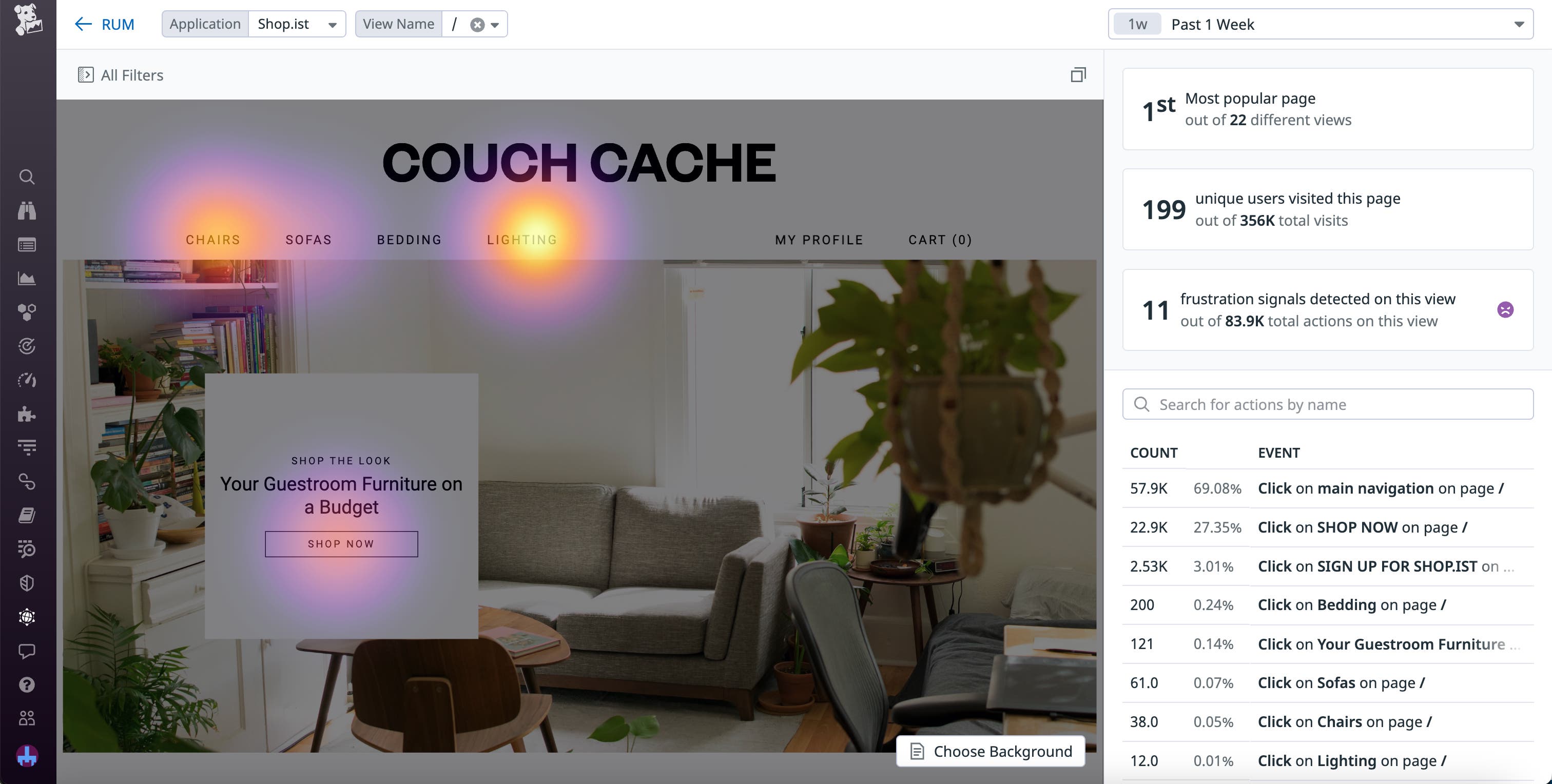 The click map for an application homepage, showing more user interaction around the top menu. The click map for an application homepage, showing more user interaction around the top menu.