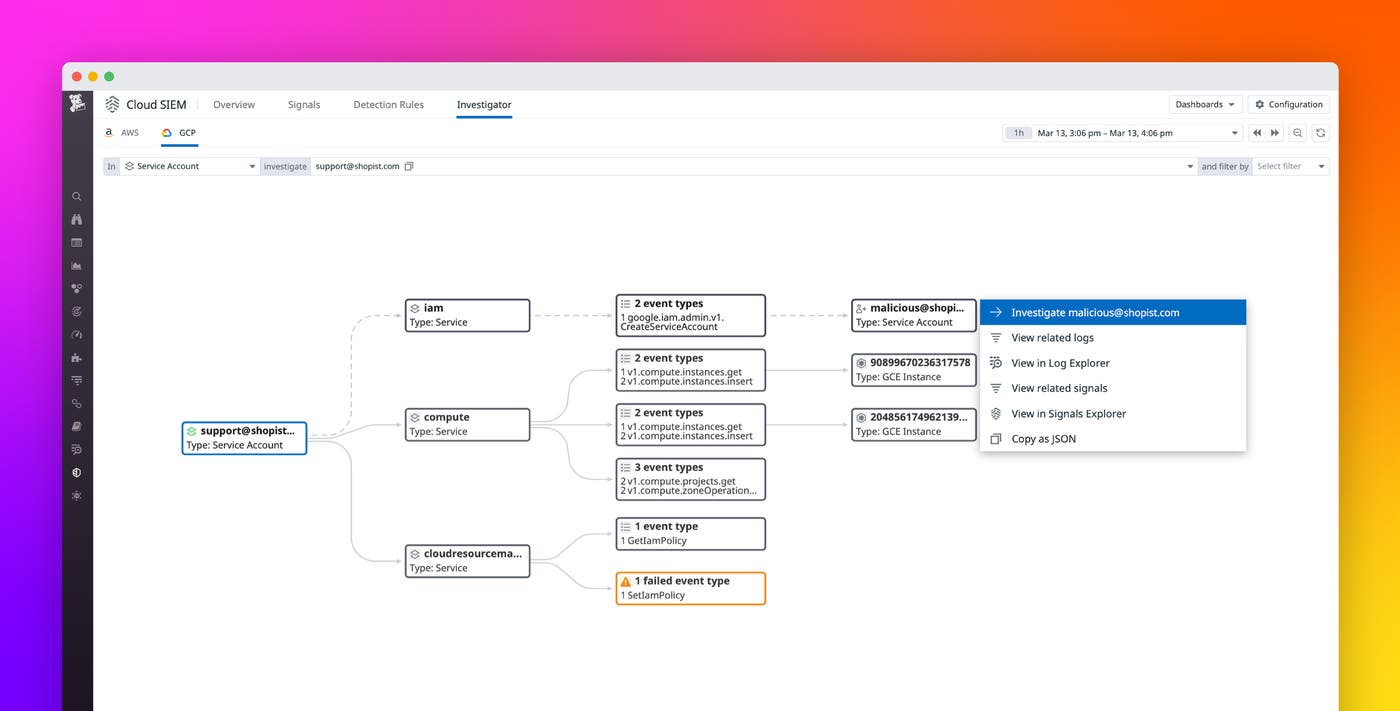 Visualize activity in your Google Cloud environment with Datadog Cloud SIEM Investigator Visualize activity in your Google Cloud environment with Datadog Cloud SIEM Investigator