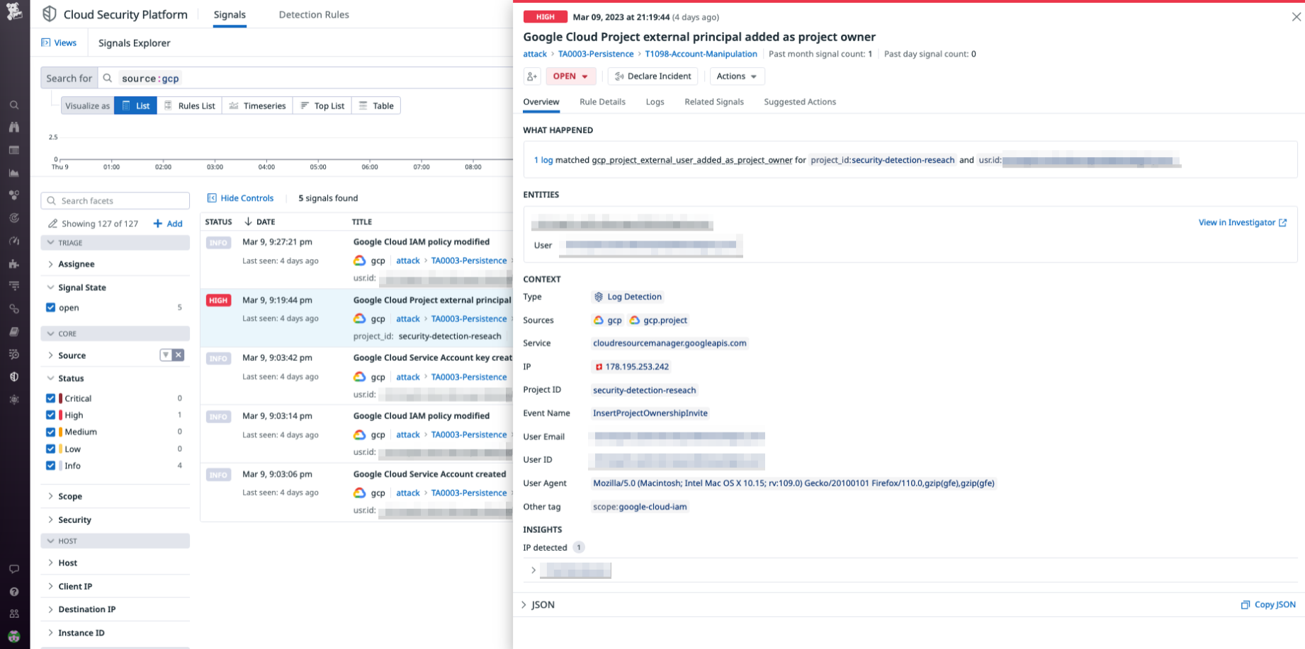 The security signal side panel offers detailed information on the user modifying permissions