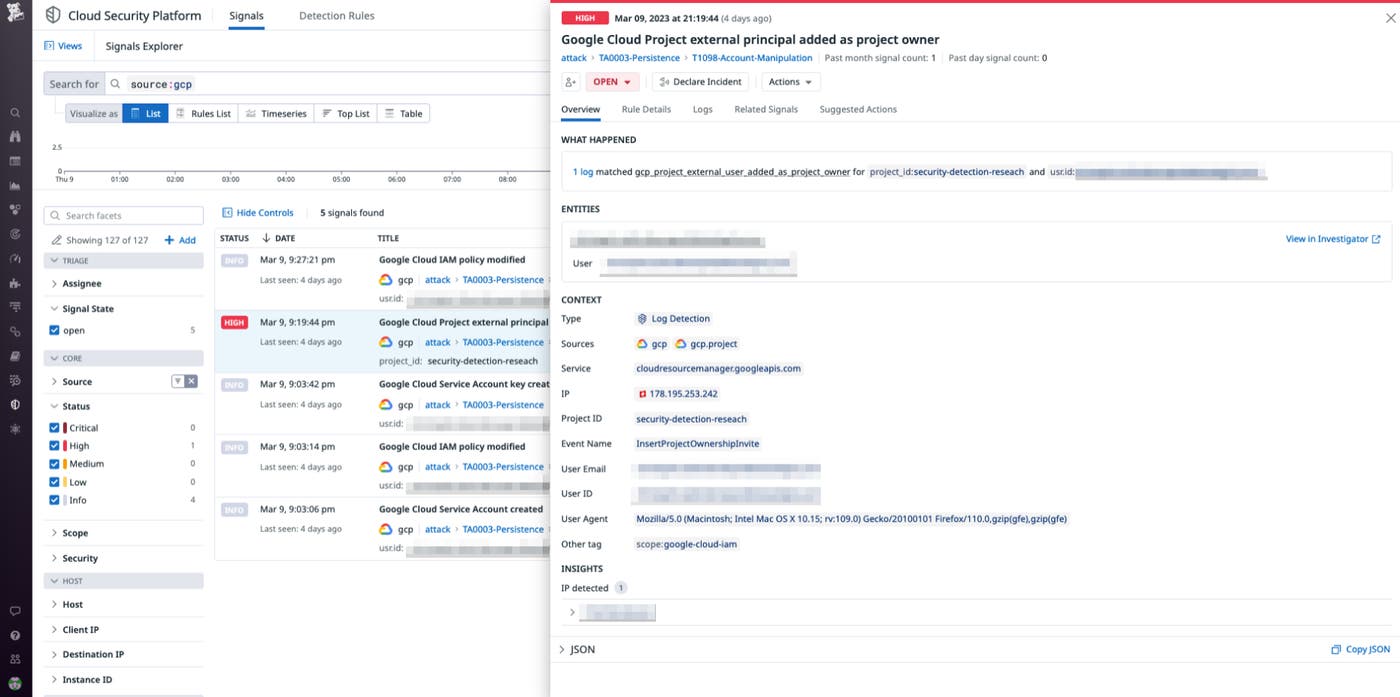 The security signal side panel offers detailed information on the user modifying permissions The security signal side panel offers detailed information on the user modifying permissions