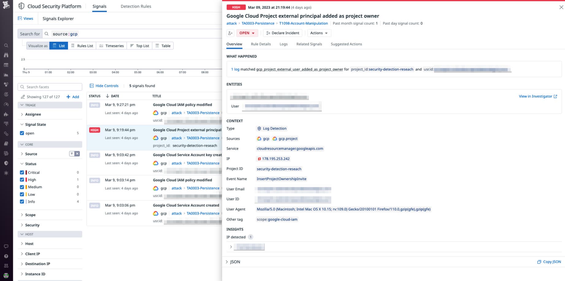 The security signal side panel offers detailed information on the user modifying permissions The security signal side panel offers detailed information on the user modifying permissions