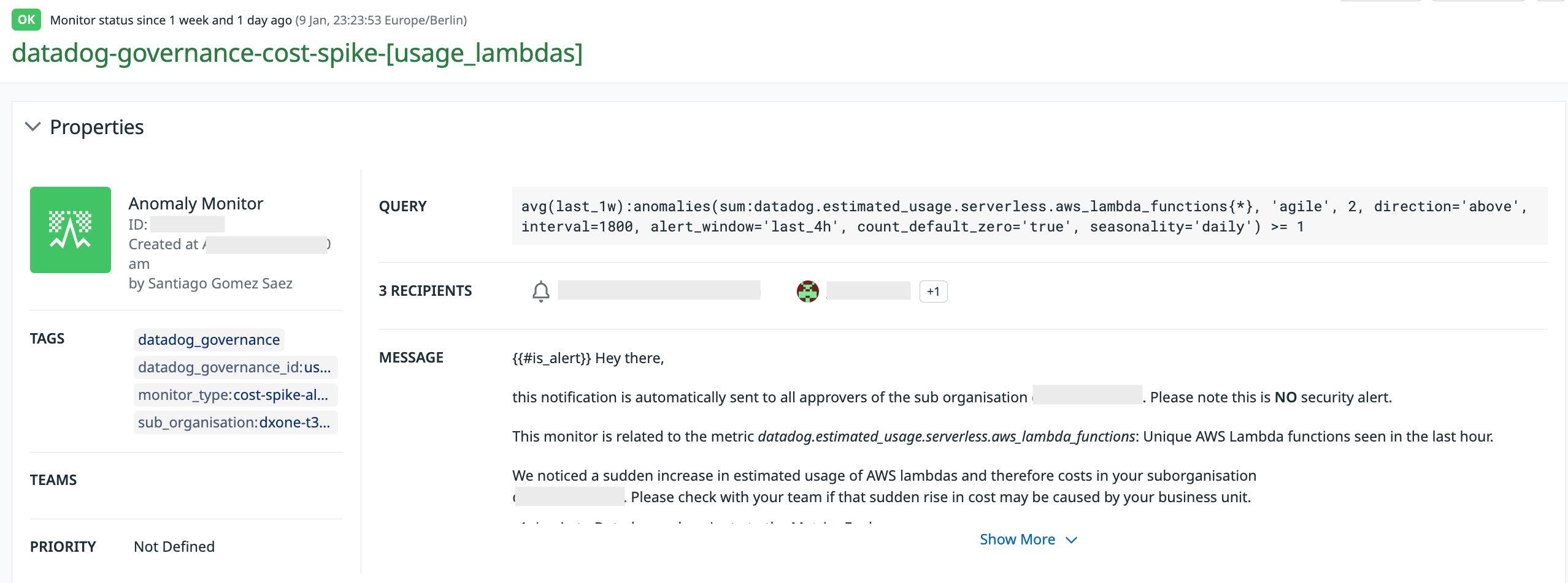 A Datadog anomaly monitor.