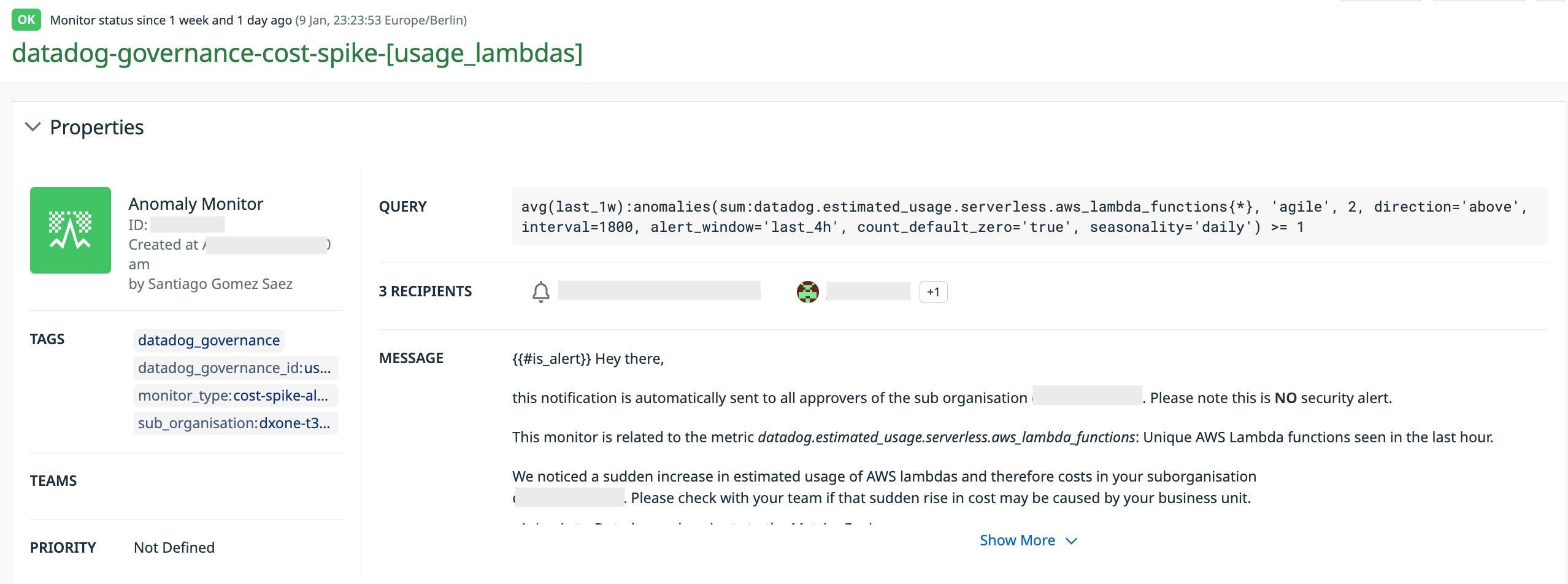 A Datadog anomaly monitor. A Datadog anomaly monitor.