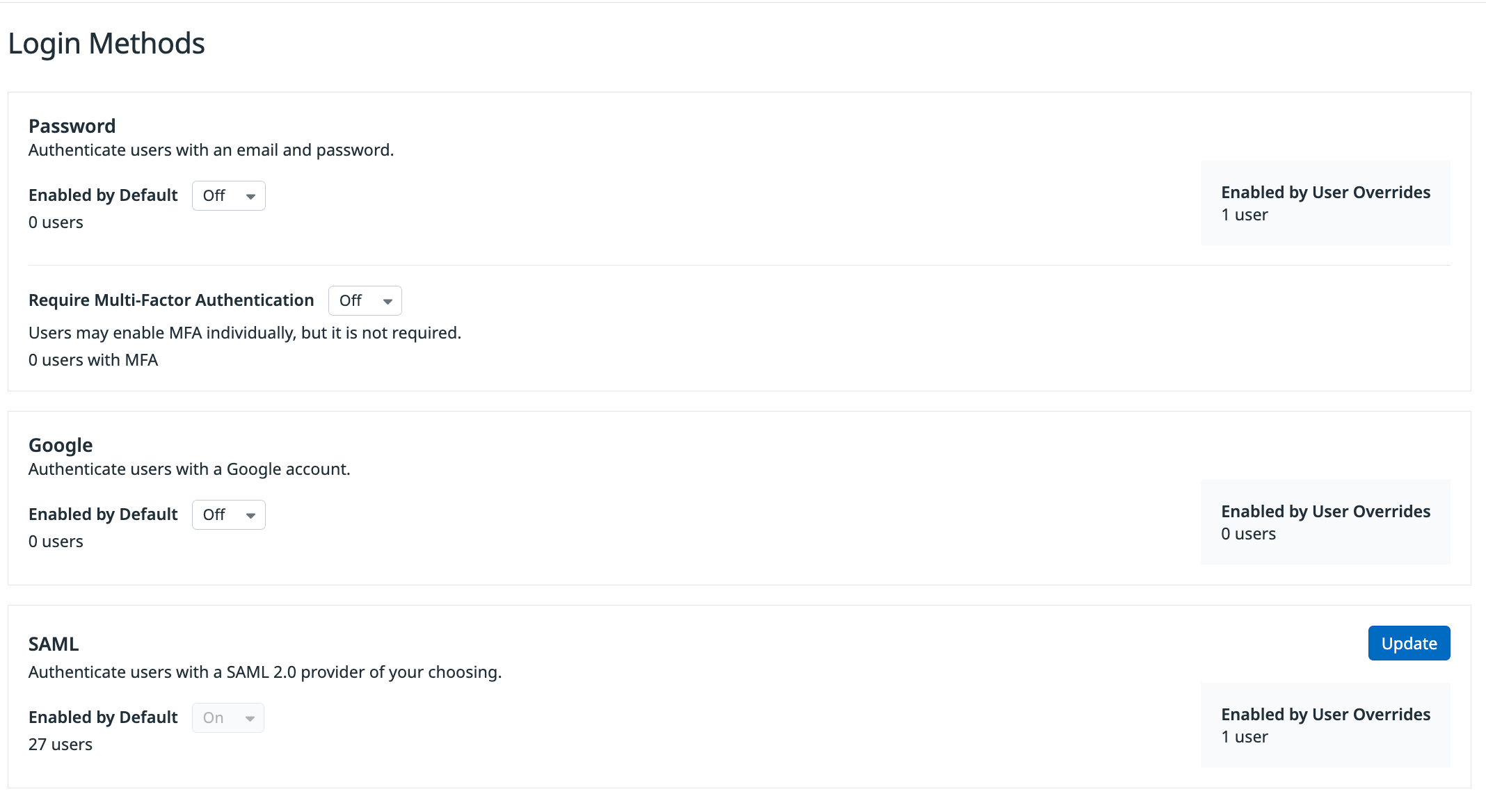Screenshot that shows password authentications and Google authentications turned off.