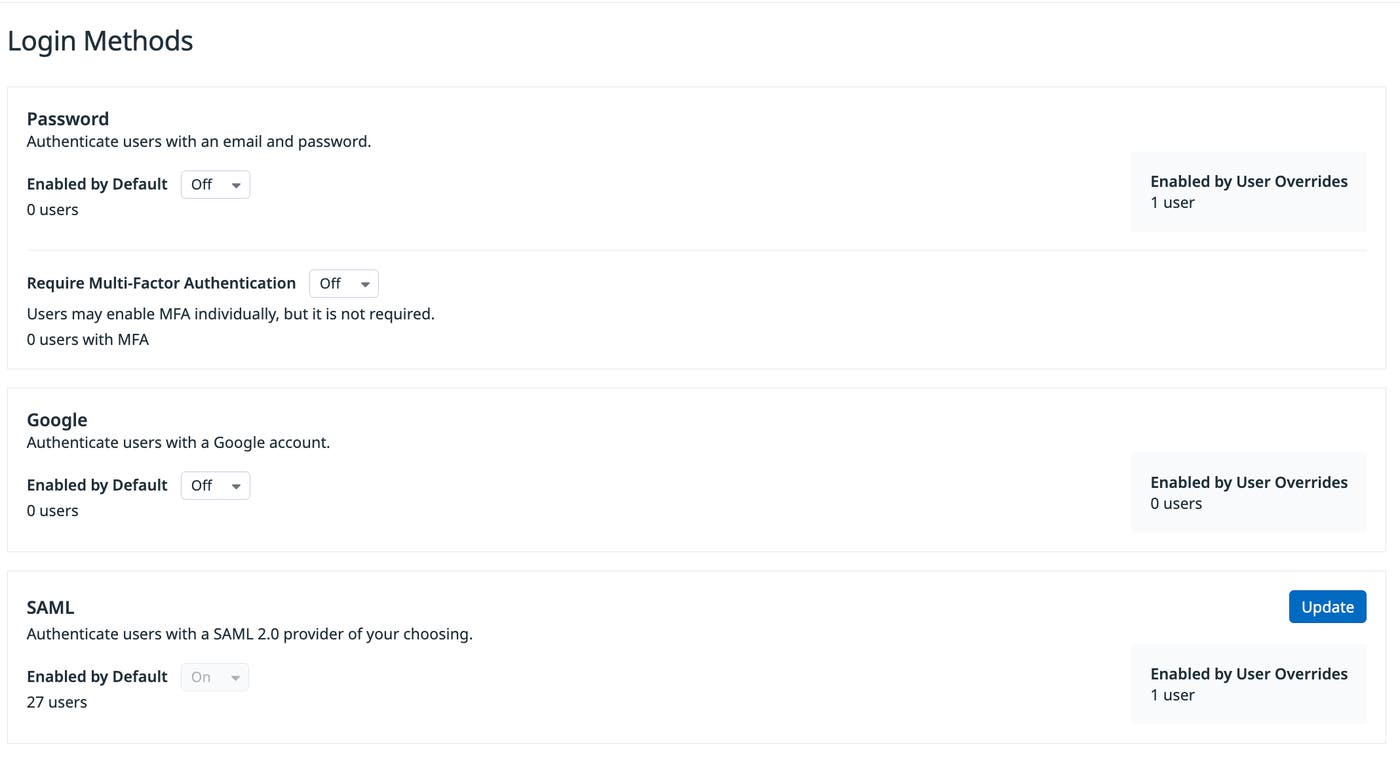 Screenshot that shows password authentications and Google authentications turned off. Screenshot that shows password authentications and Google authentications turned off.