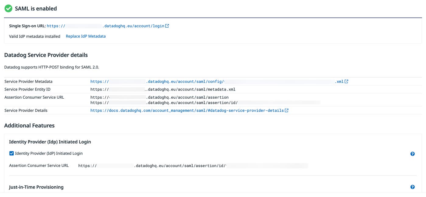 Screenshot that shows SAML enabled and configurations for provisioning. Screenshot that shows SAML enabled and configurations for provisioning.