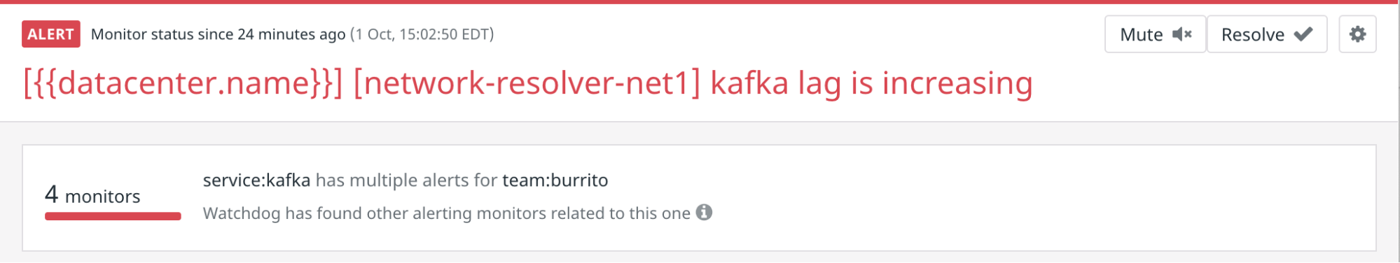 スクリーンショットは、Kafka サービスのラグが増加していることを示すアラートを示し、Watchdog が同じくトリガーされた 4 つの関連するアラートを検出したことを示しています。