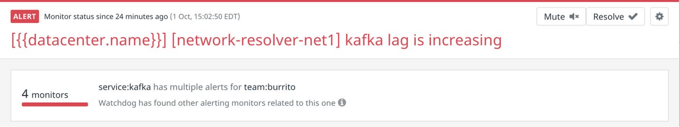 スクリーンショットは、Kafka サービスのラグが増加していることを示すアラートを示し、Watchdog が同じくトリガーされた 4 つの関連するアラートを検出したことを示しています。 スクリーンショットは、Kafka サービスのラグが増加していることを示すアラートを示し、Watchdog が同じくトリガーされた 4 つの関連するアラートを検出したことを示しています。