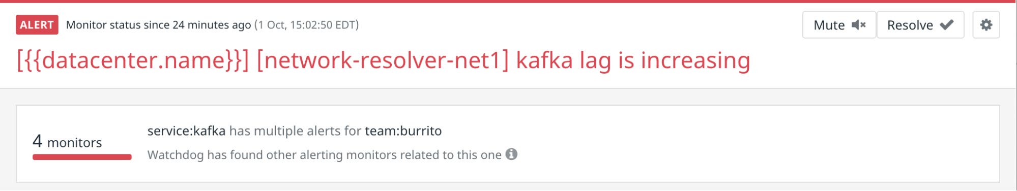 スクリーンショットは、Kafka サービスのラグが増加していることを示すアラートを示し、Watchdog が同じくトリガーされた 4 つの関連するアラートを検出したことを示しています。 スクリーンショットは、Kafka サービスのラグが増加していることを示すアラートを示し、Watchdog が同じくトリガーされた 4 つの関連するアラートを検出したことを示しています。