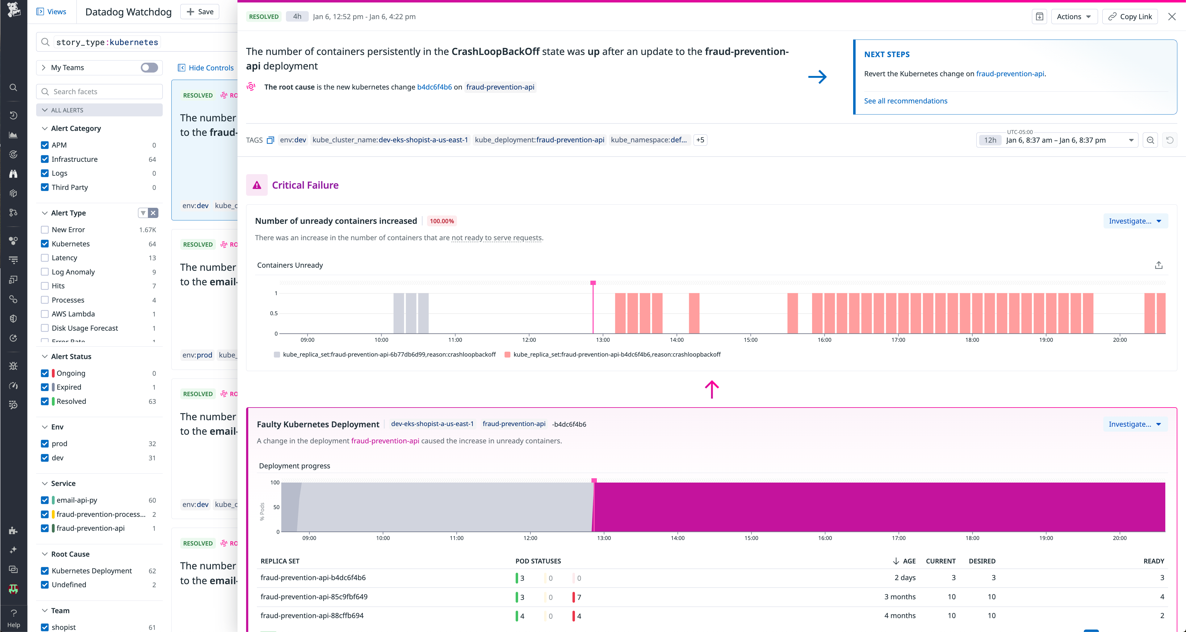 Overview of the Watchdog feed, showing critical issues and the faulty Kubernetes deployment detection.