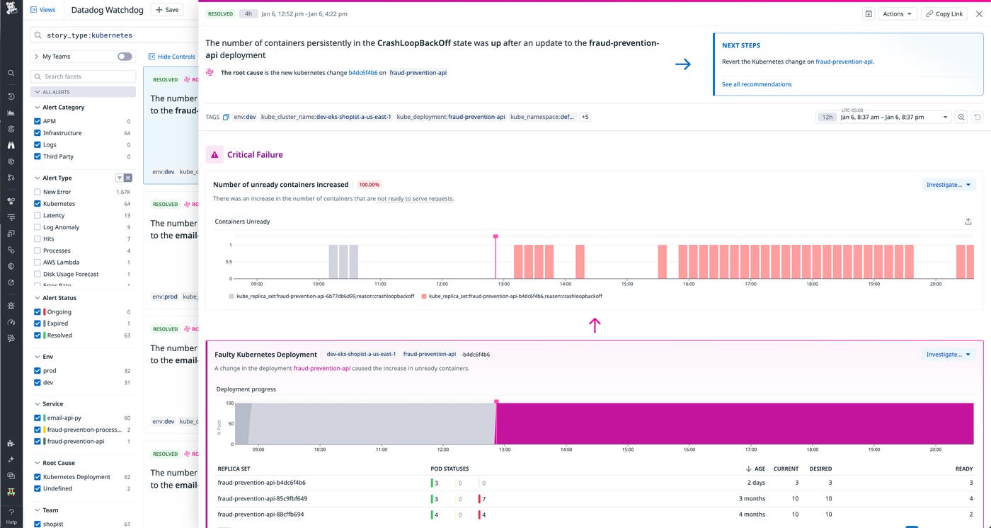 Overview of the Watchdog feed, showing critical issues and the faulty Kubernetes deployment detection. Overview of the Watchdog feed, showing critical issues and the faulty Kubernetes deployment detection.