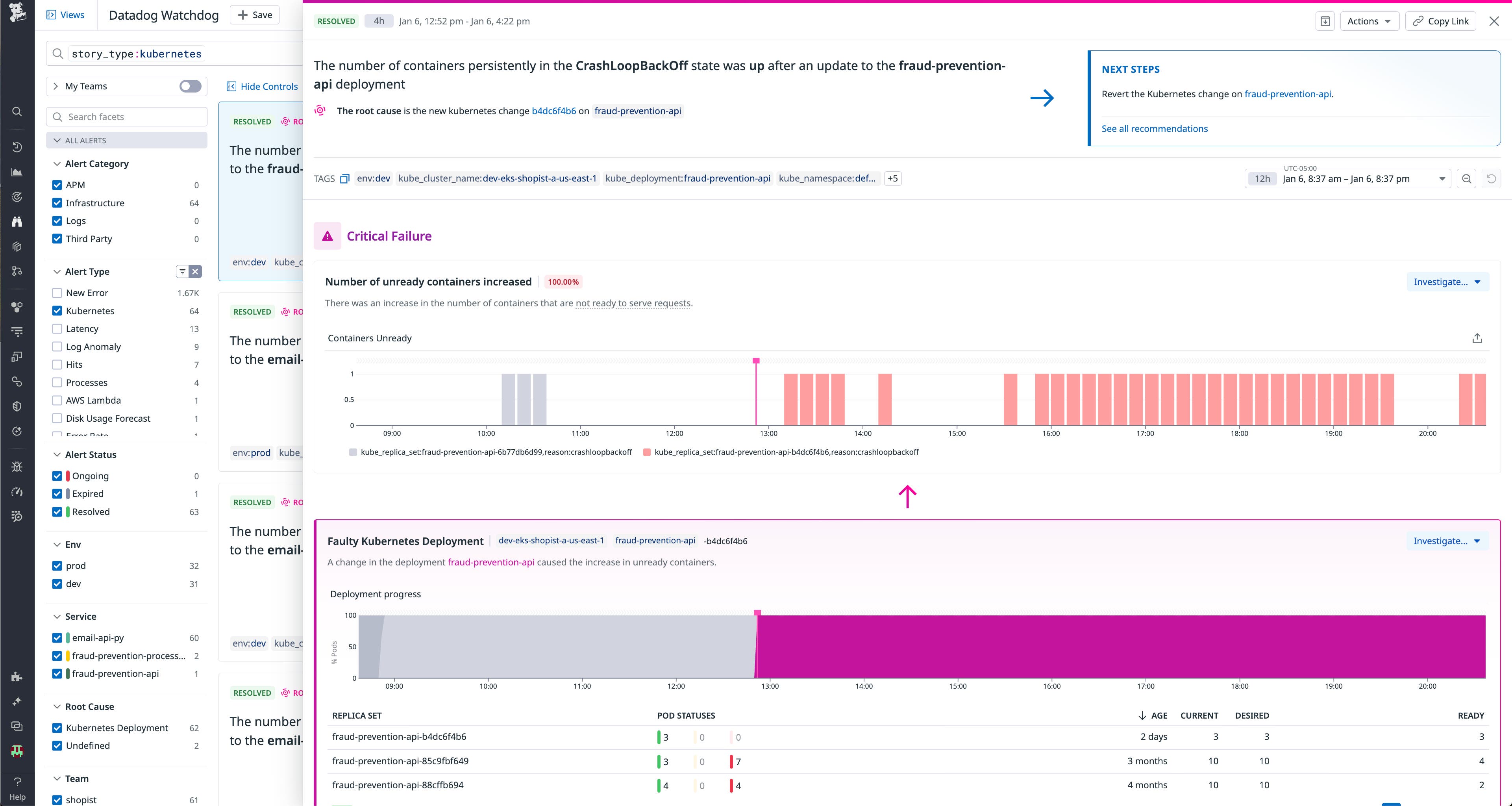 Overview of the Watchdog feed, showing critical issues and the faulty Kubernetes deployment detection. Overview of the Watchdog feed, showing critical issues and the faulty Kubernetes deployment detection.