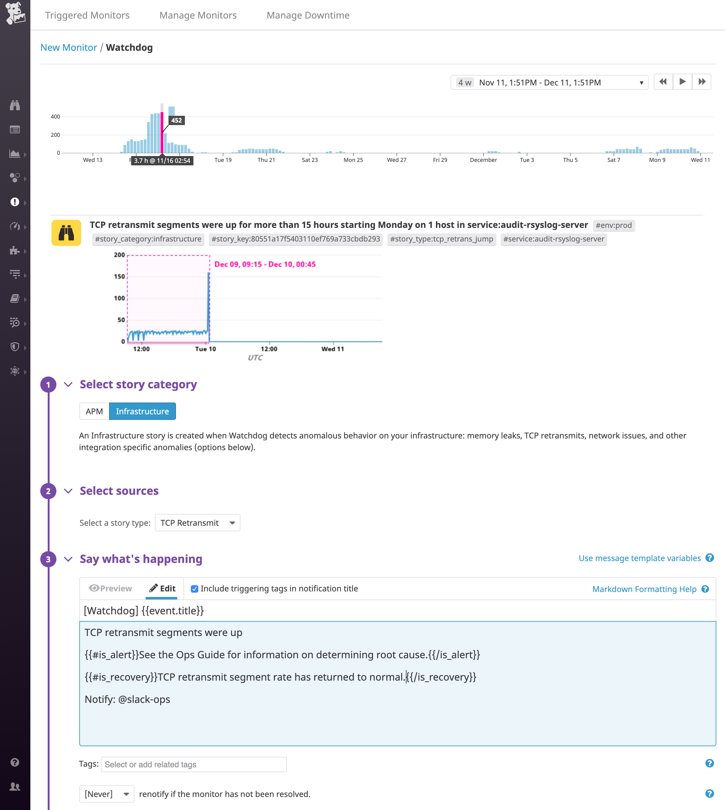 A screenshot shows Datadog's New Monitor page. The selected story type is TCP retransmit, and the graph shows that the relevant metric rose sharply and stayed elevated for 15 hours.