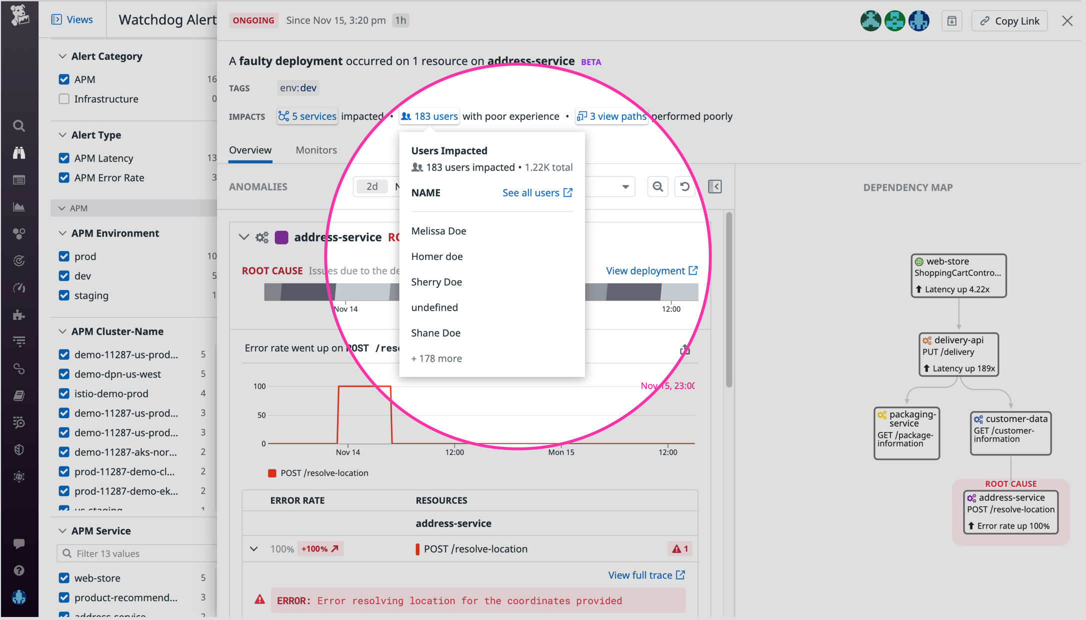 View a list of users affected by a performance issue