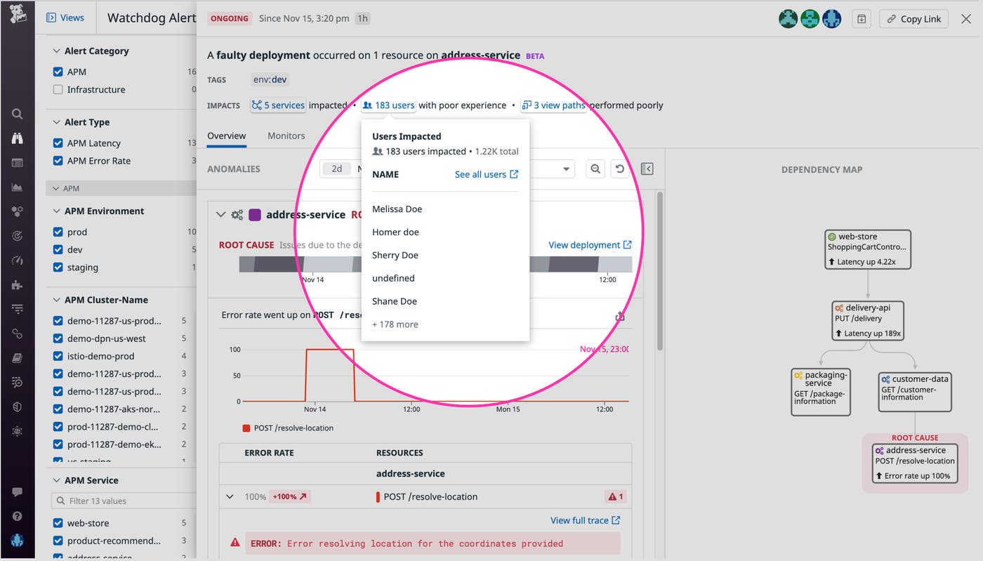 View a list of users affected by a performance issue View a list of users affected by a performance issue