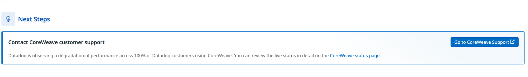 Datadog provides next steps, including links to the provider's status page and support channels
