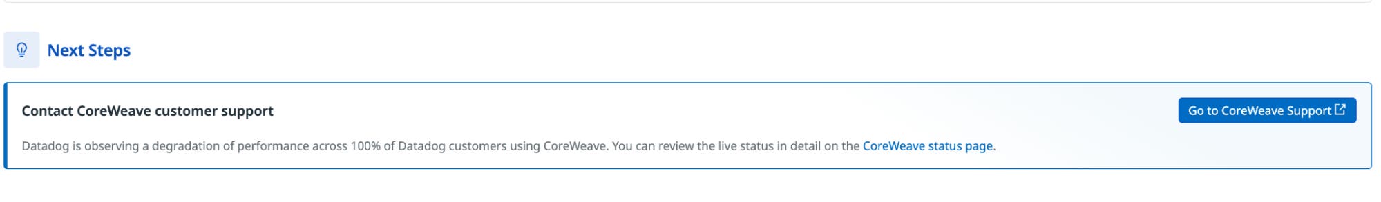 Datadog provides next steps, including links to the provider's status page and support channels Datadog provides next steps, including links to the provider's status page and support channels
