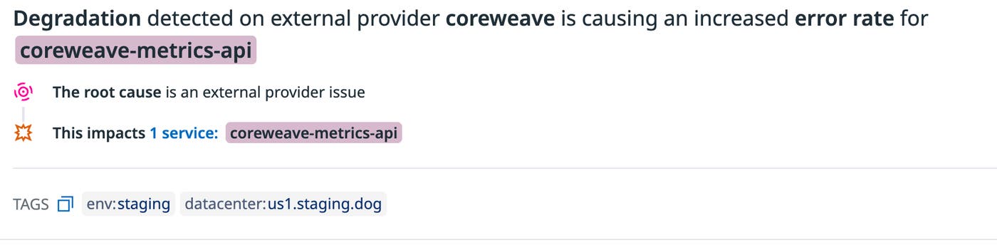 Watchdog story indicating a problem caused by an external provider and identifying affected service Watchdog story indicating a problem caused by an external provider and identifying affected service