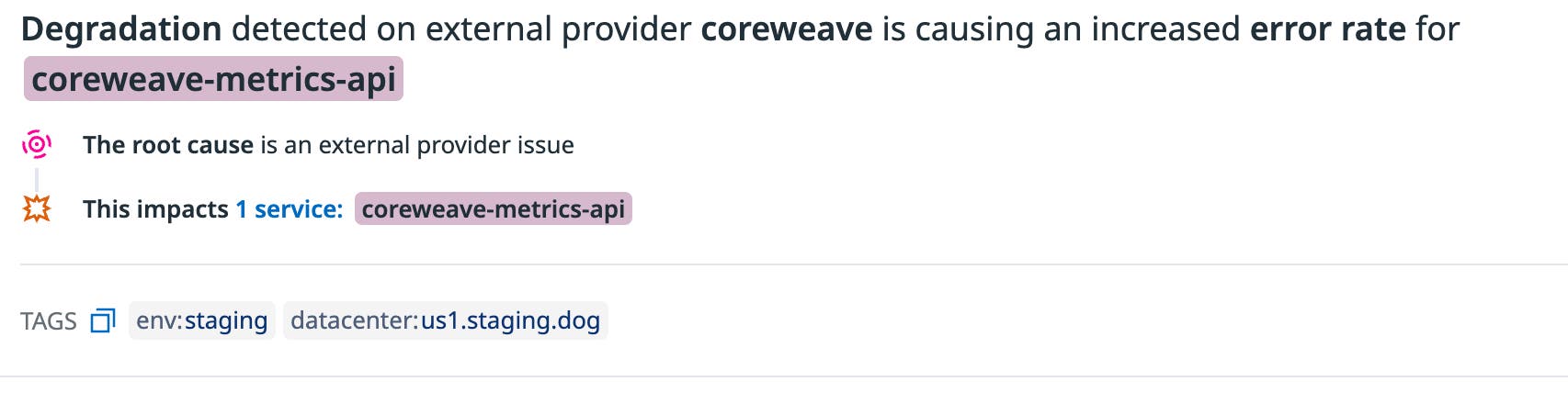 Watchdog story indicating a problem caused by an external provider and identifying affected service Watchdog story indicating a problem caused by an external provider and identifying affected service