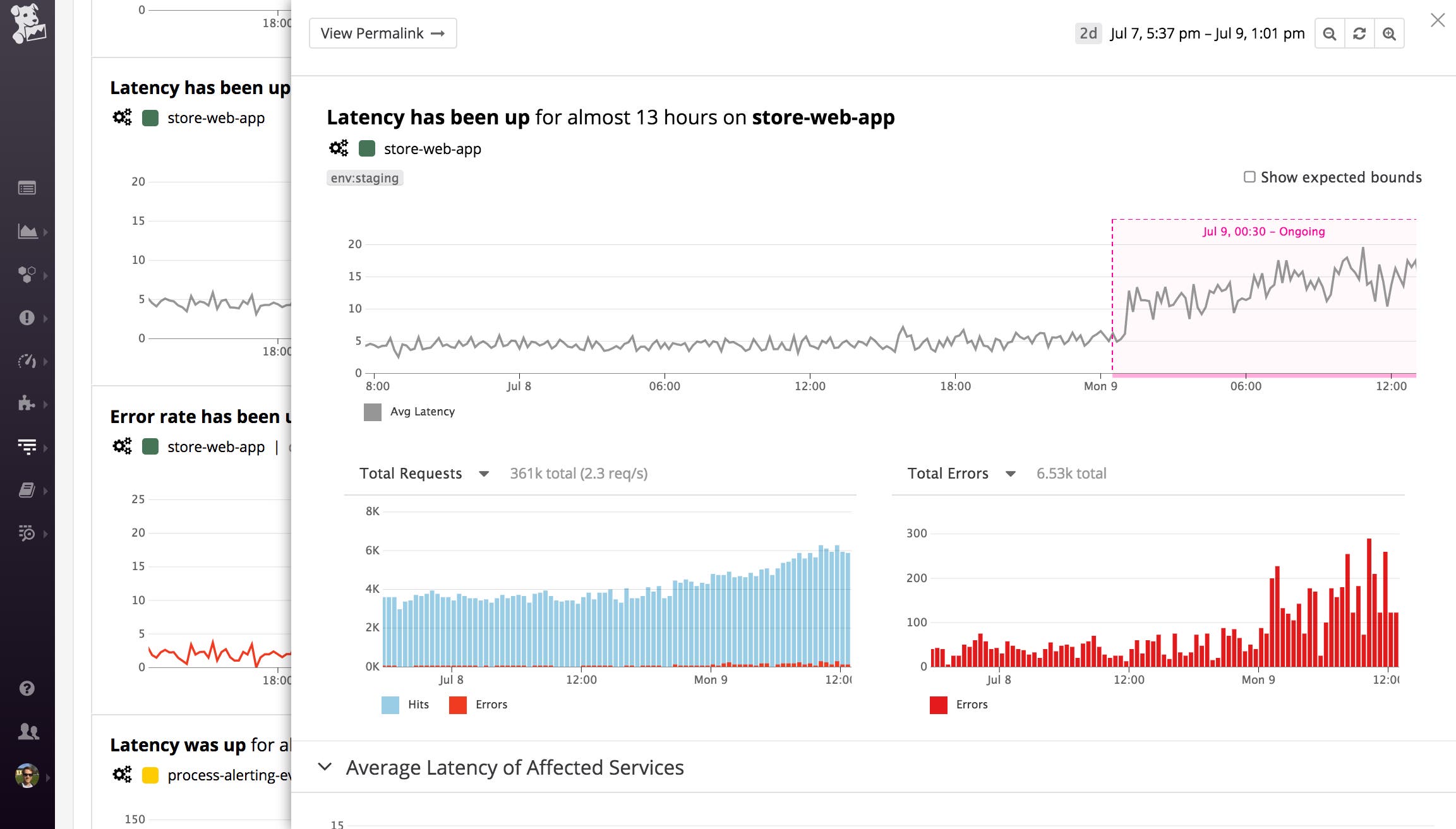 The detail page for a Watchdog event displays recent trends in the metric of interest, as well as a snapshot of performance metrics for the affected service or endpoint. The detail page for a Watchdog event displays recent trends in the metric of interest, as well as a snapshot of performance metrics for the affected service or endpoint.