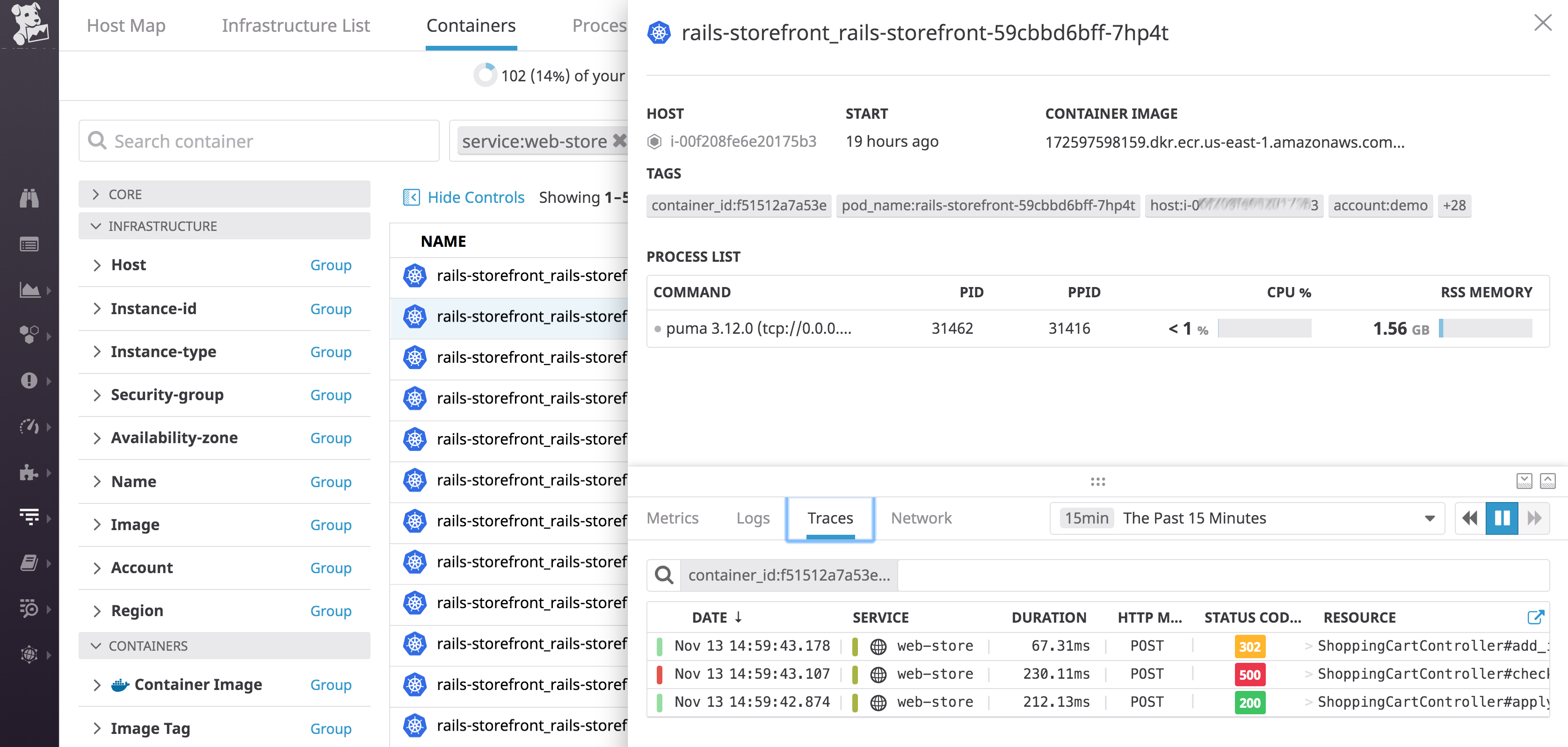 The Containers view shows a list of Kubernetes clusters and shows the CPU, memory, and network metrics from each one.