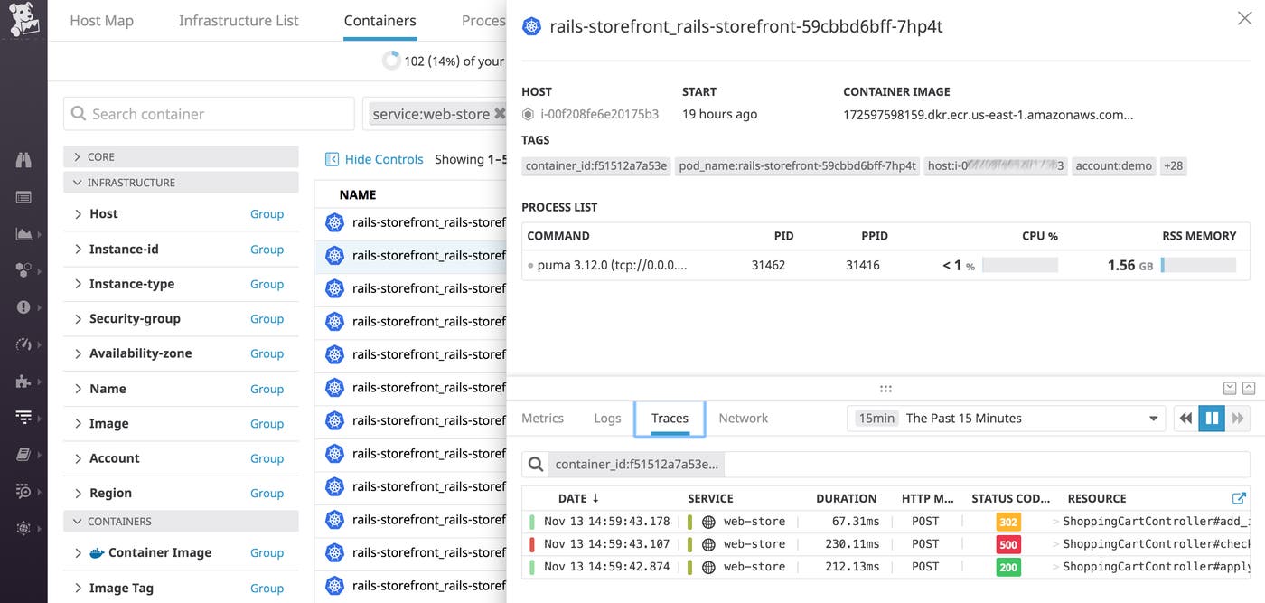 The Containers view shows a list of Kubernetes clusters and shows the CPU, memory, and network metrics from each one. The Containers view shows a list of Kubernetes clusters and shows the CPU, memory, and network metrics from each one.