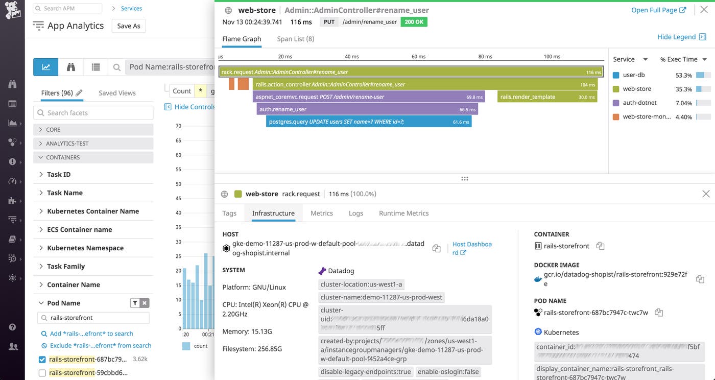 A flame graph in Datadog shows the timeline of requests that were executed. Hovering over a single span, we can see the tags that have been applied to the host that fulfilled that request. A flame graph in Datadog shows the timeline of requests that were executed. Hovering over a single span, we can see the tags that have been applied to the host that fulfilled that request.