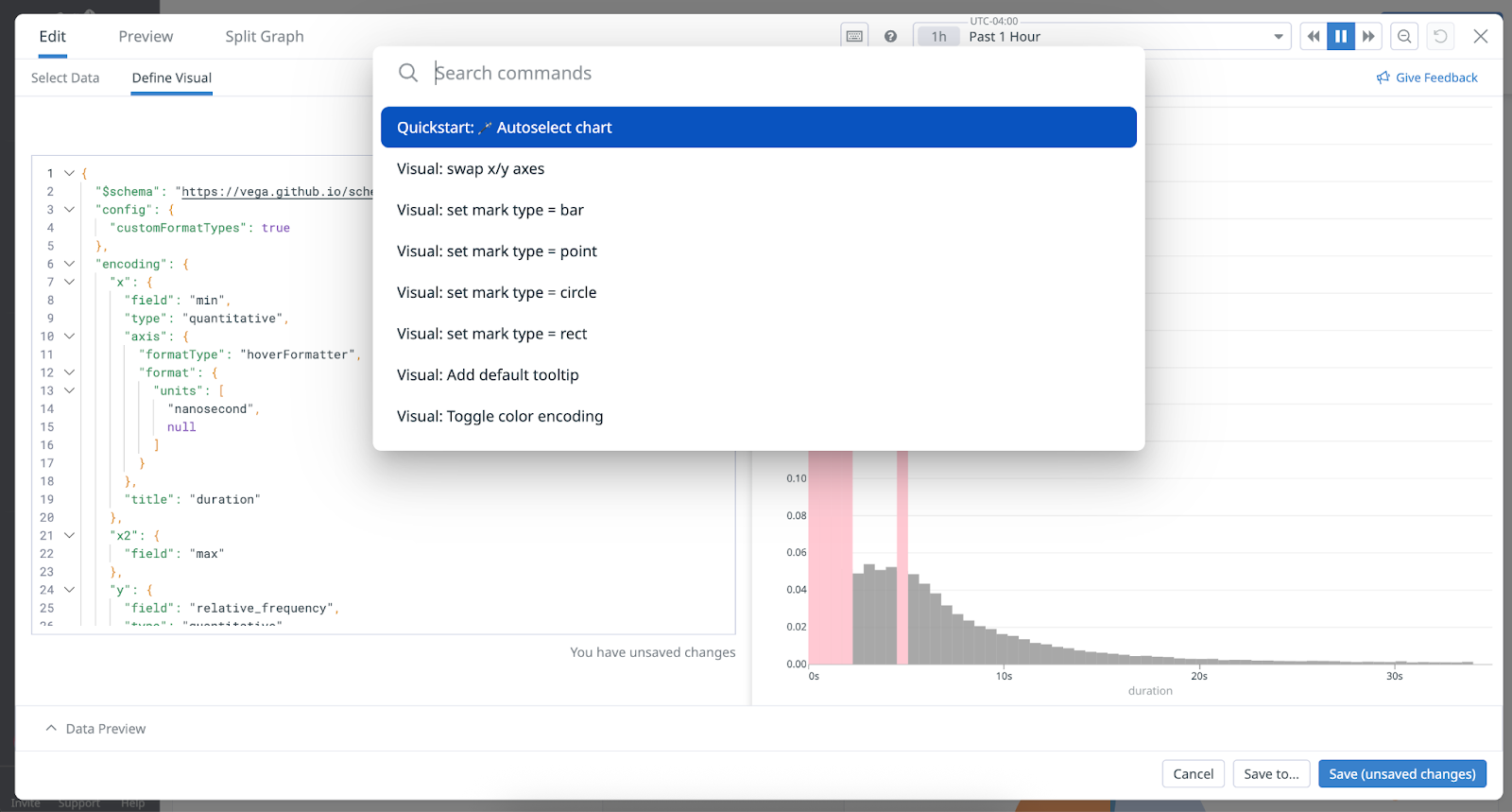 View of the built-in command palette tool that enables you to make common configuration changes in a few clicks