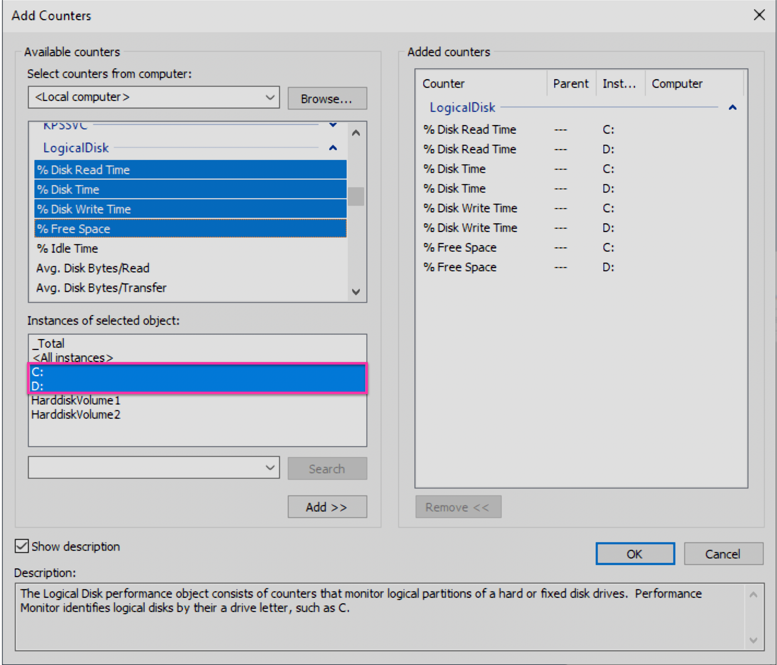 C and D instances from the LogicalDisk counterset