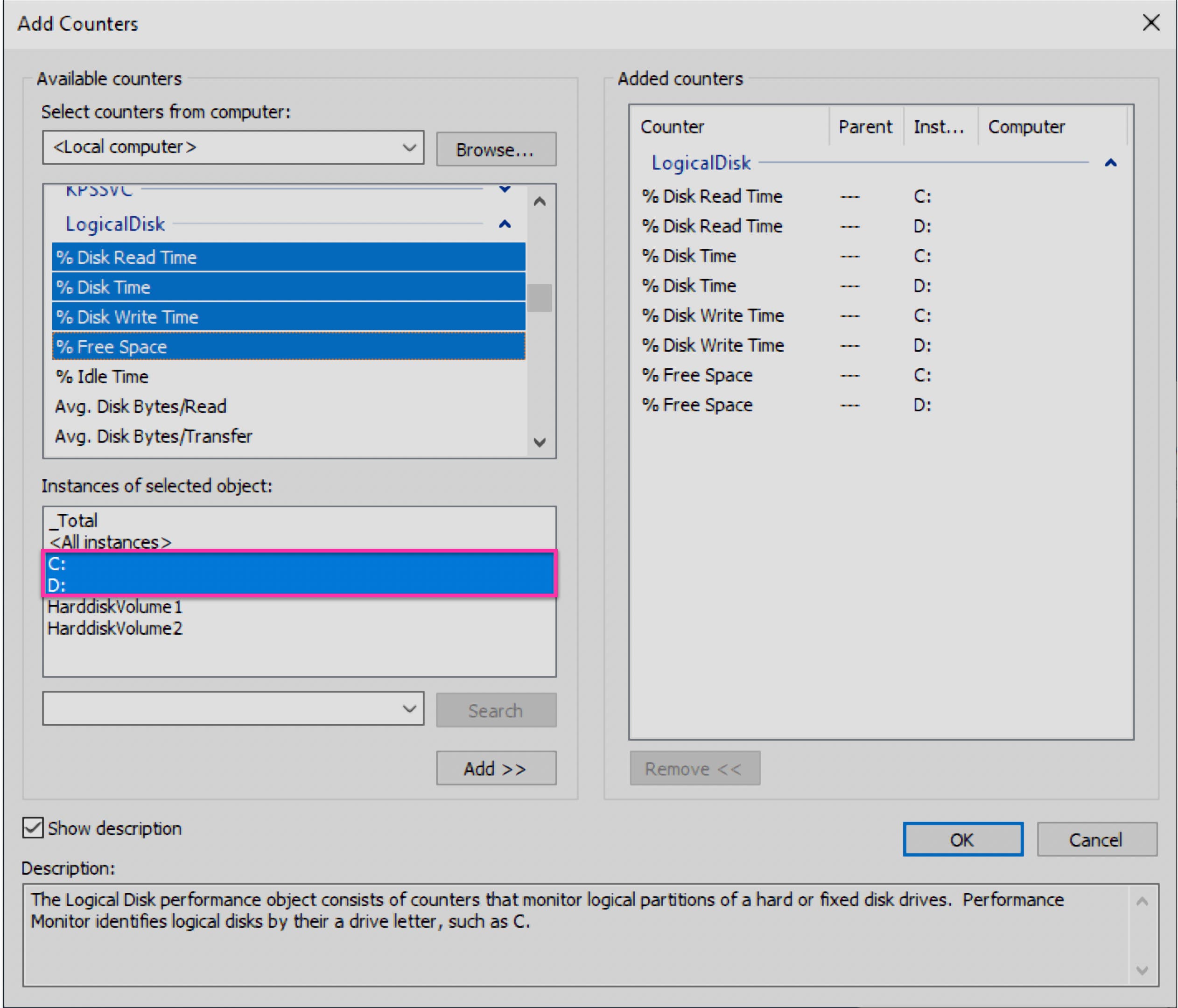 C and D instances from the LogicalDisk counterset C and D instances from the LogicalDisk counterset