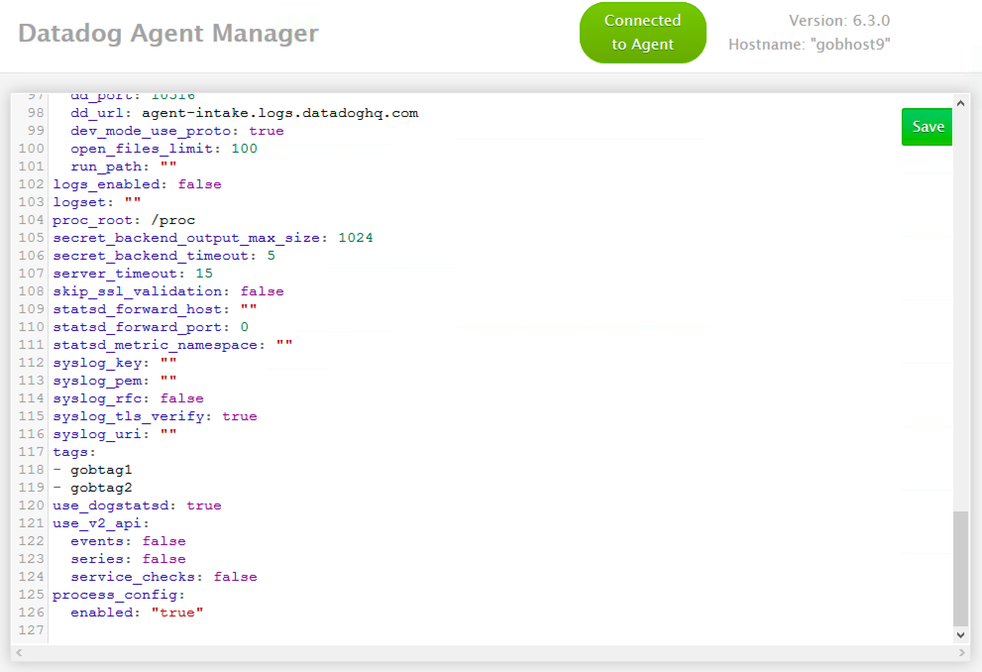 Screenshot: editing config file in Datadog Agent Manager
