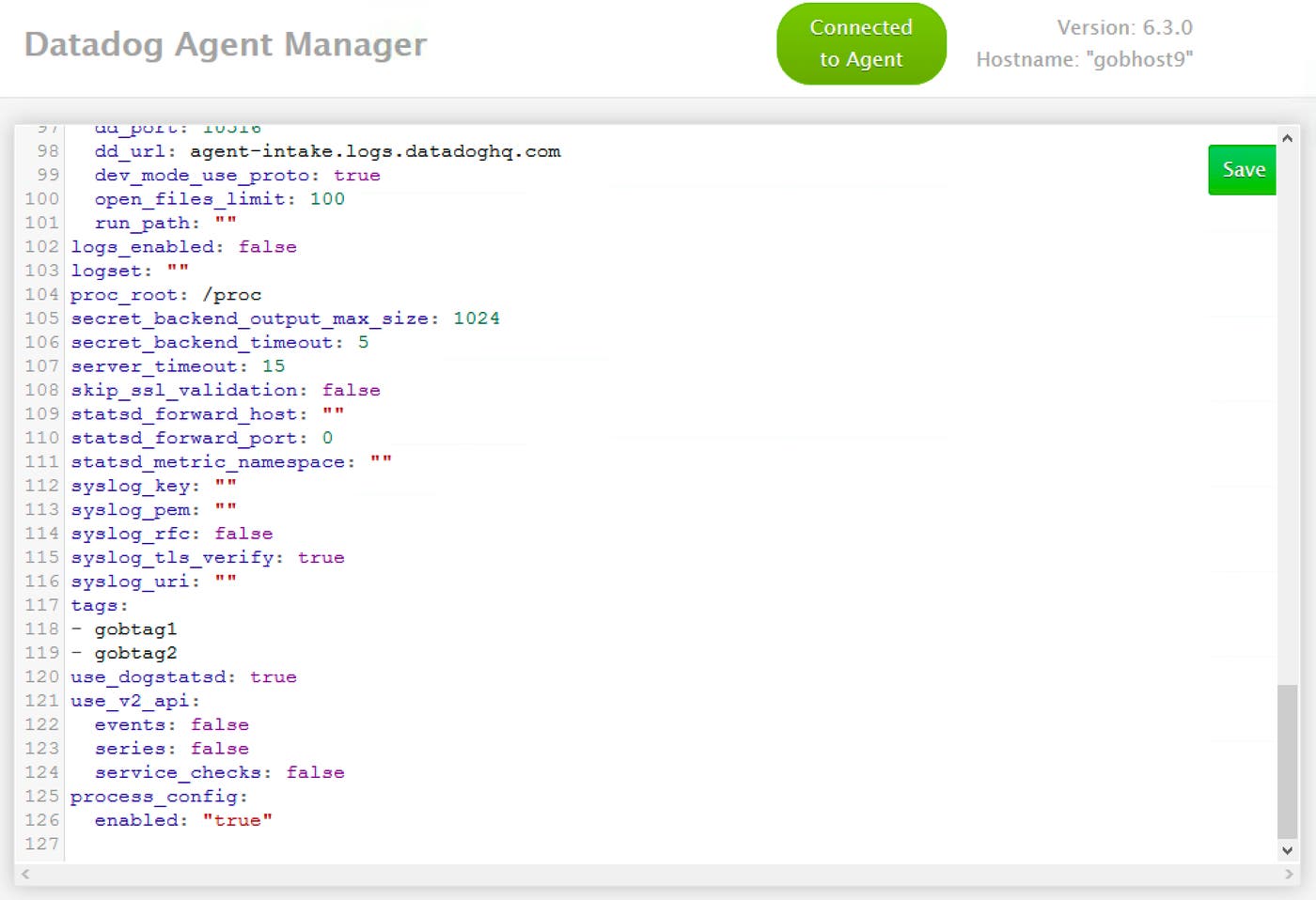 Screenshot: editing config file in Datadog Agent Manager Screenshot: editing config file in Datadog Agent Manager
