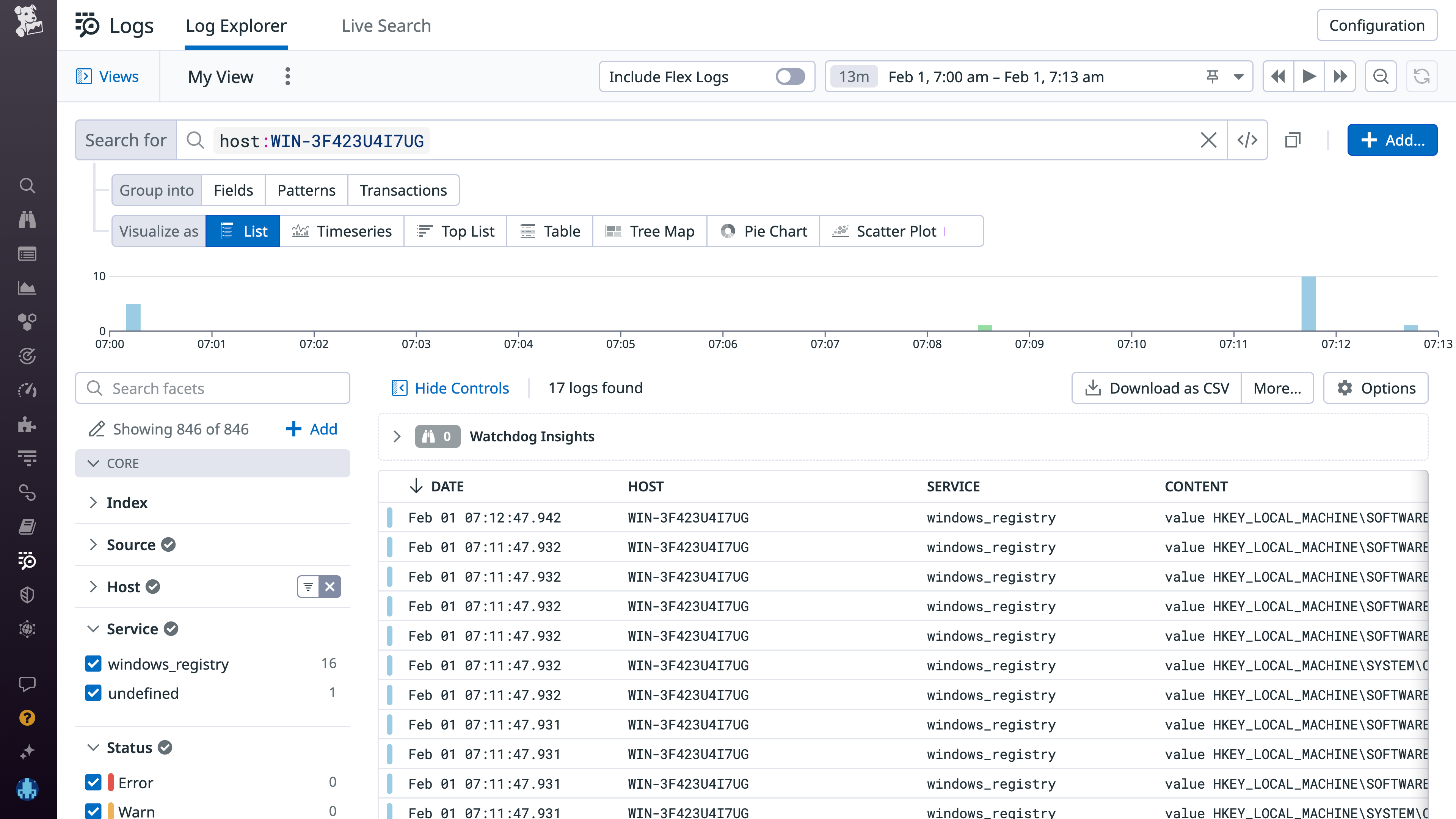 View Windows Registry logs in the Datadog Log Explorer
