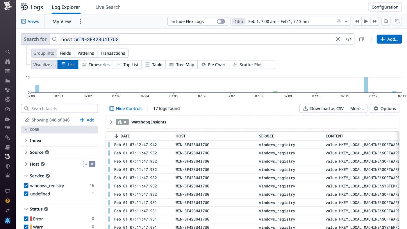 View Windows Registry logs in the Datadog Log Explorer View Windows Registry logs in the Datadog Log Explorer