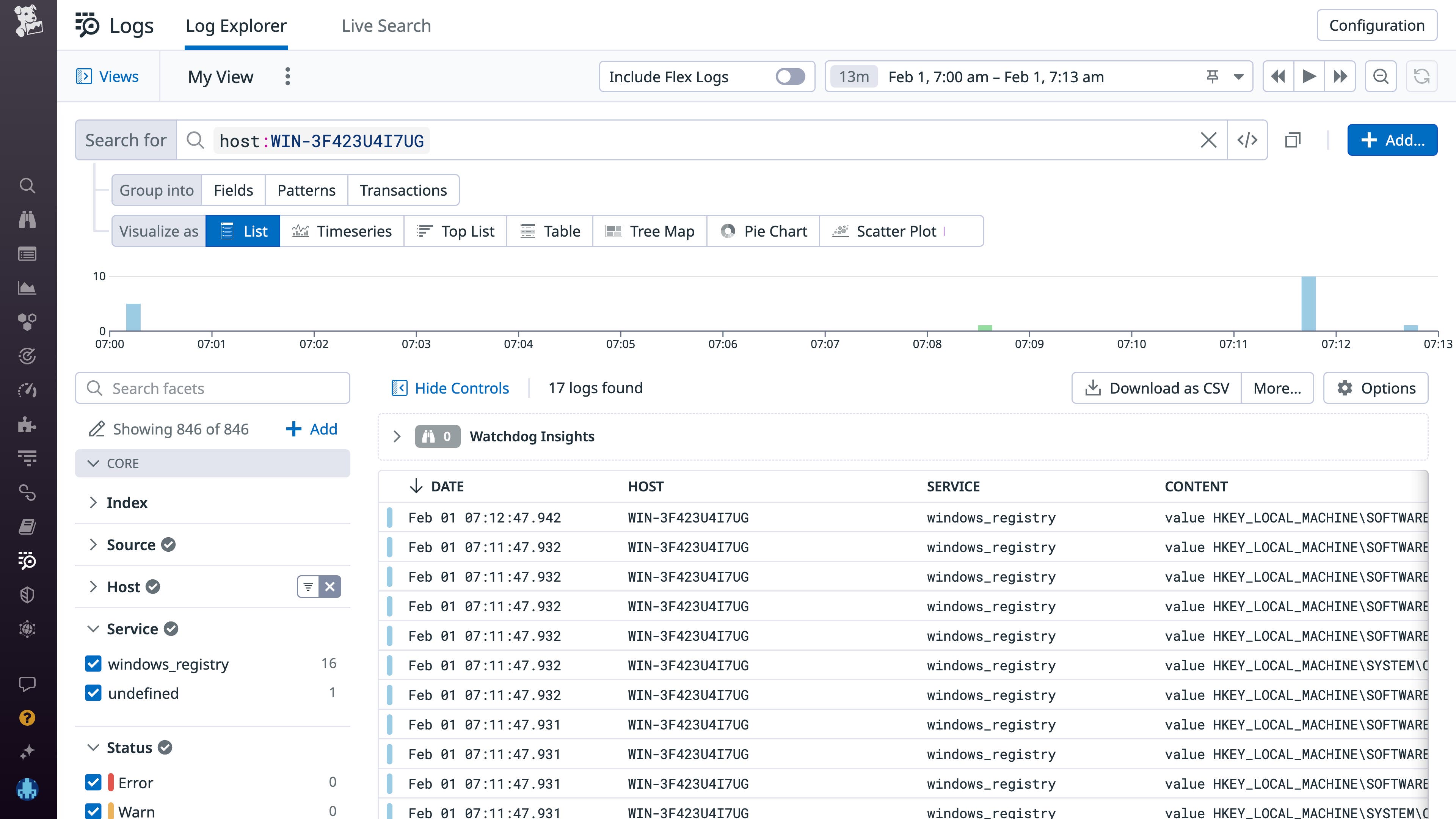 View Windows Registry logs in the Datadog Log Explorer View Windows Registry logs in the Datadog Log Explorer