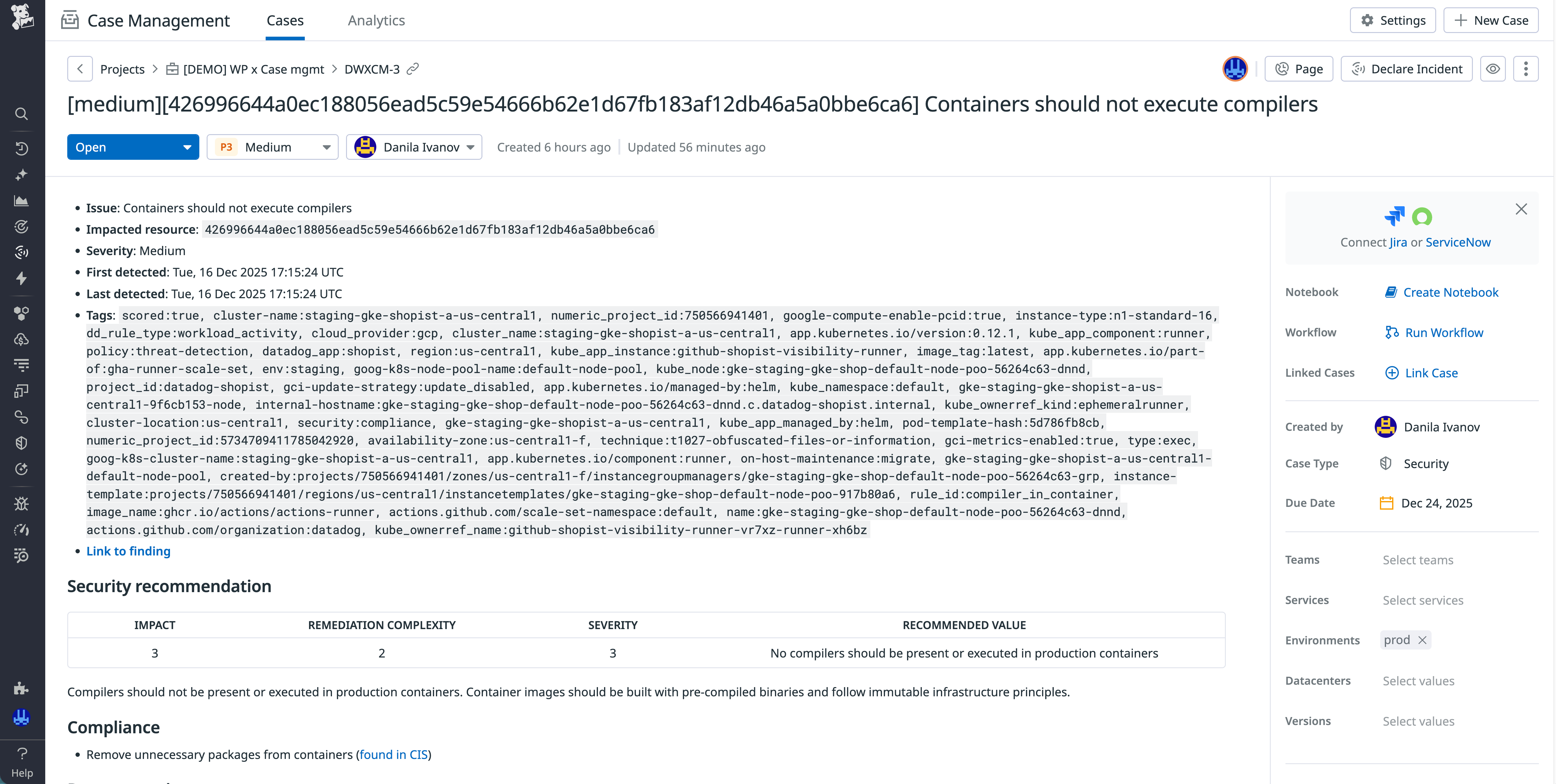 Screenshot of Case Management that shows a case created from a finding with assigned owner and status.